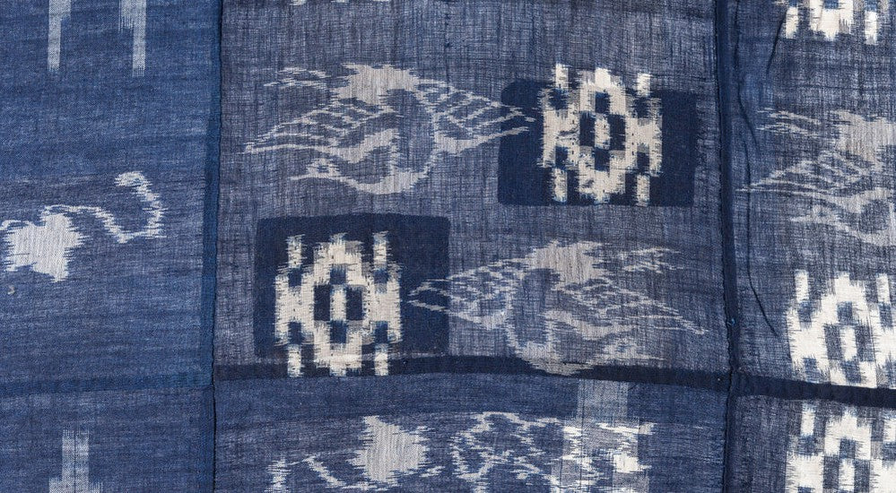Japanese Antique  Kasuri Indigo Futon Cover | 3 Panel Bed Cover, Duvet | Indigo, Resist Dye Cotton | Crane, Floral Motif - Image 3