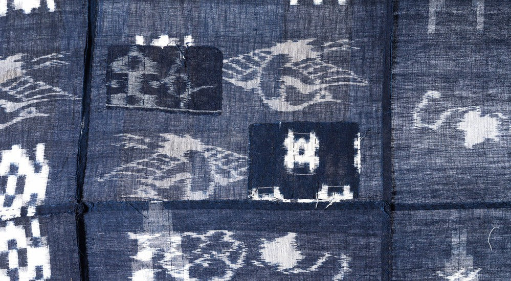 Japanese Antique  Kasuri Indigo Futon Cover | 3 Panel Bed Cover, Duvet | Indigo, Resist Dye Cotton | Crane, Floral Motif - Image 4