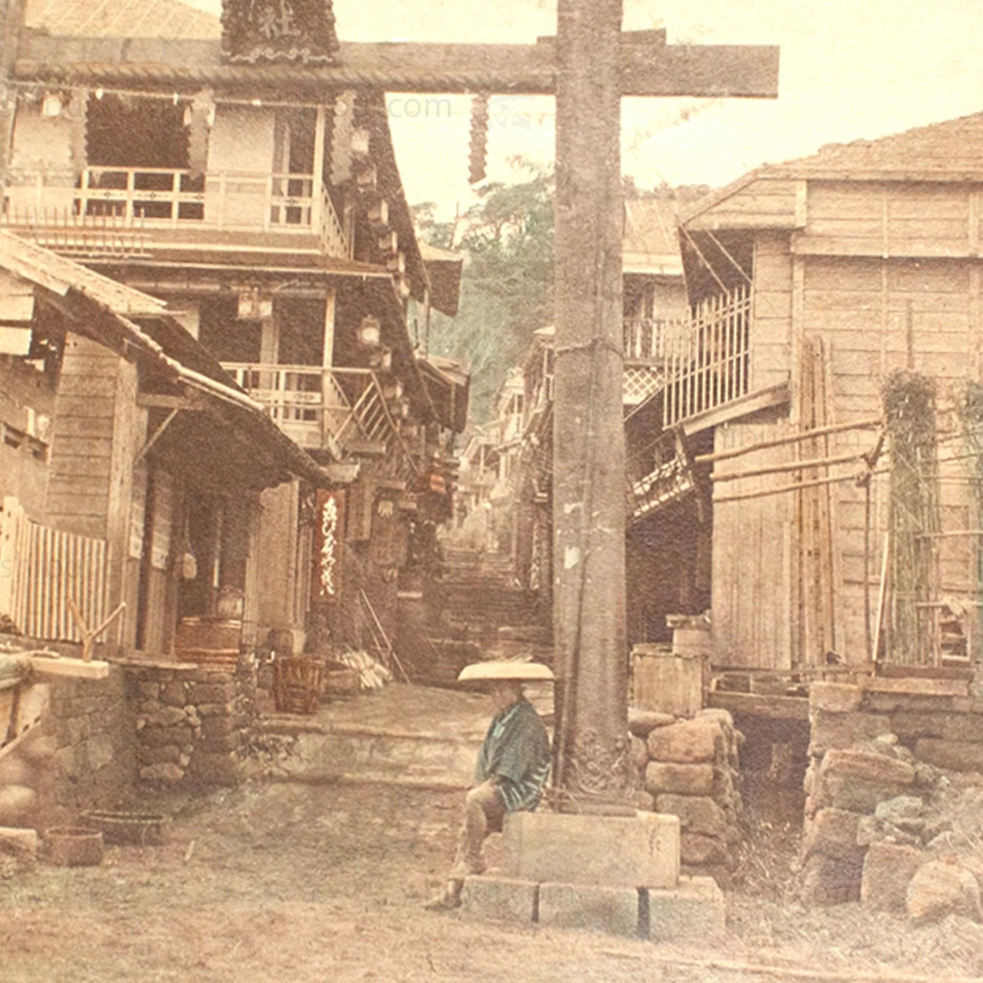 Hand Tinted Antique Japanese Albumen Photo of Torii Gate - Image 3