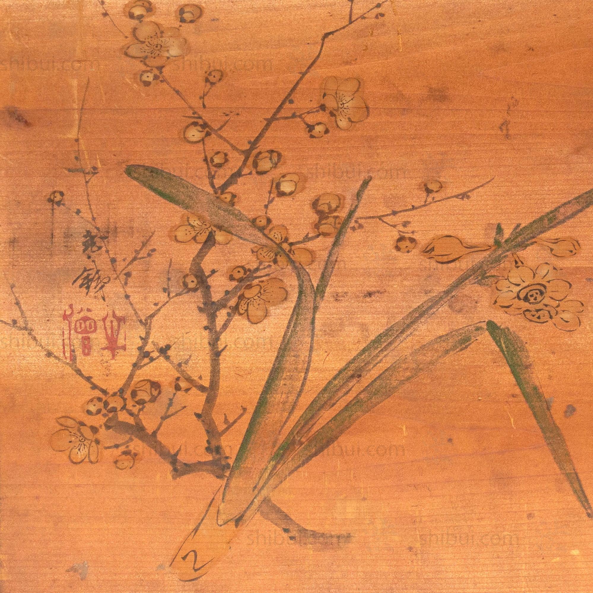 Antique Japanese Buddhist Temple Flowers Ceiling Painting - Image 2