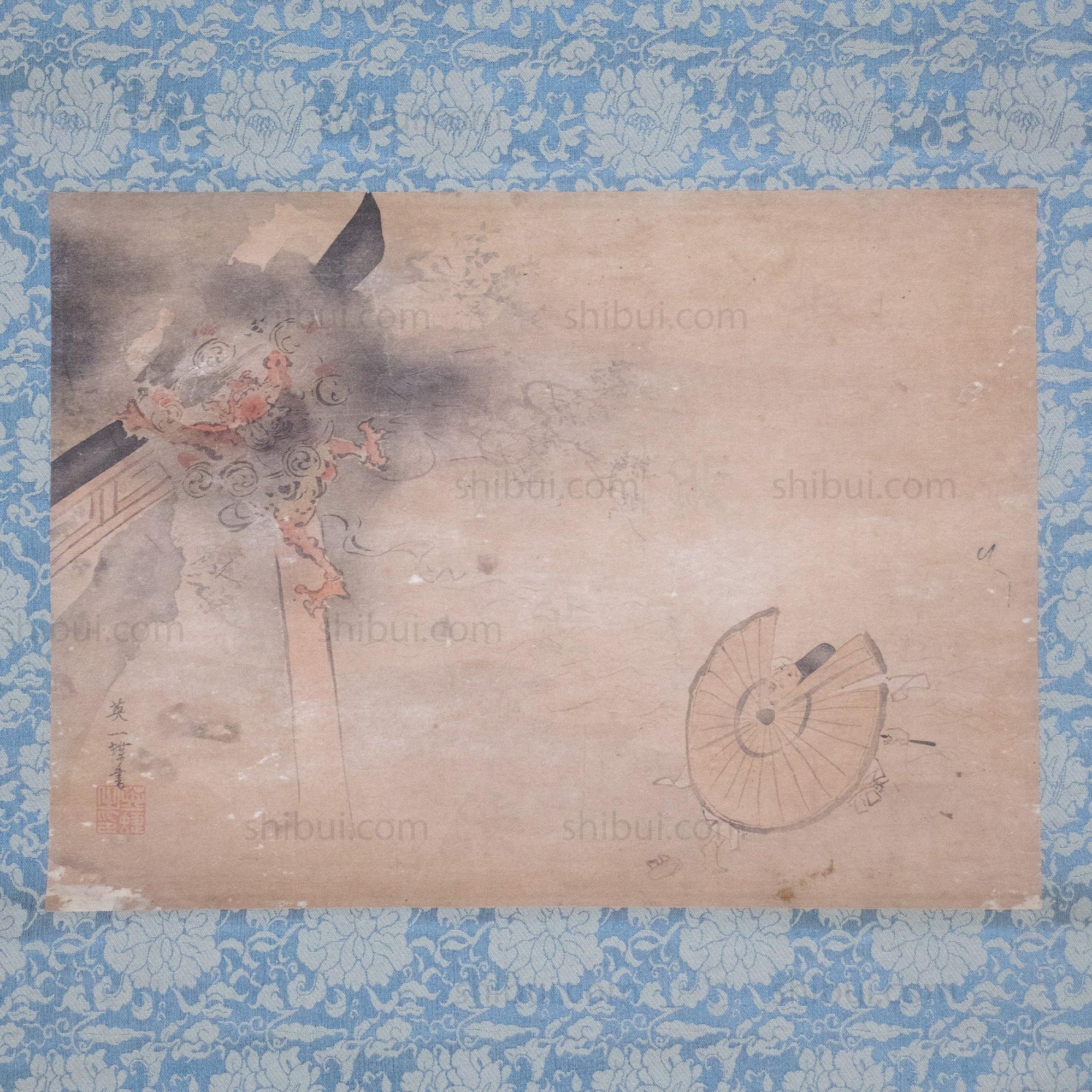 Antique Japanese Thunder God & Man Scroll - Image 2