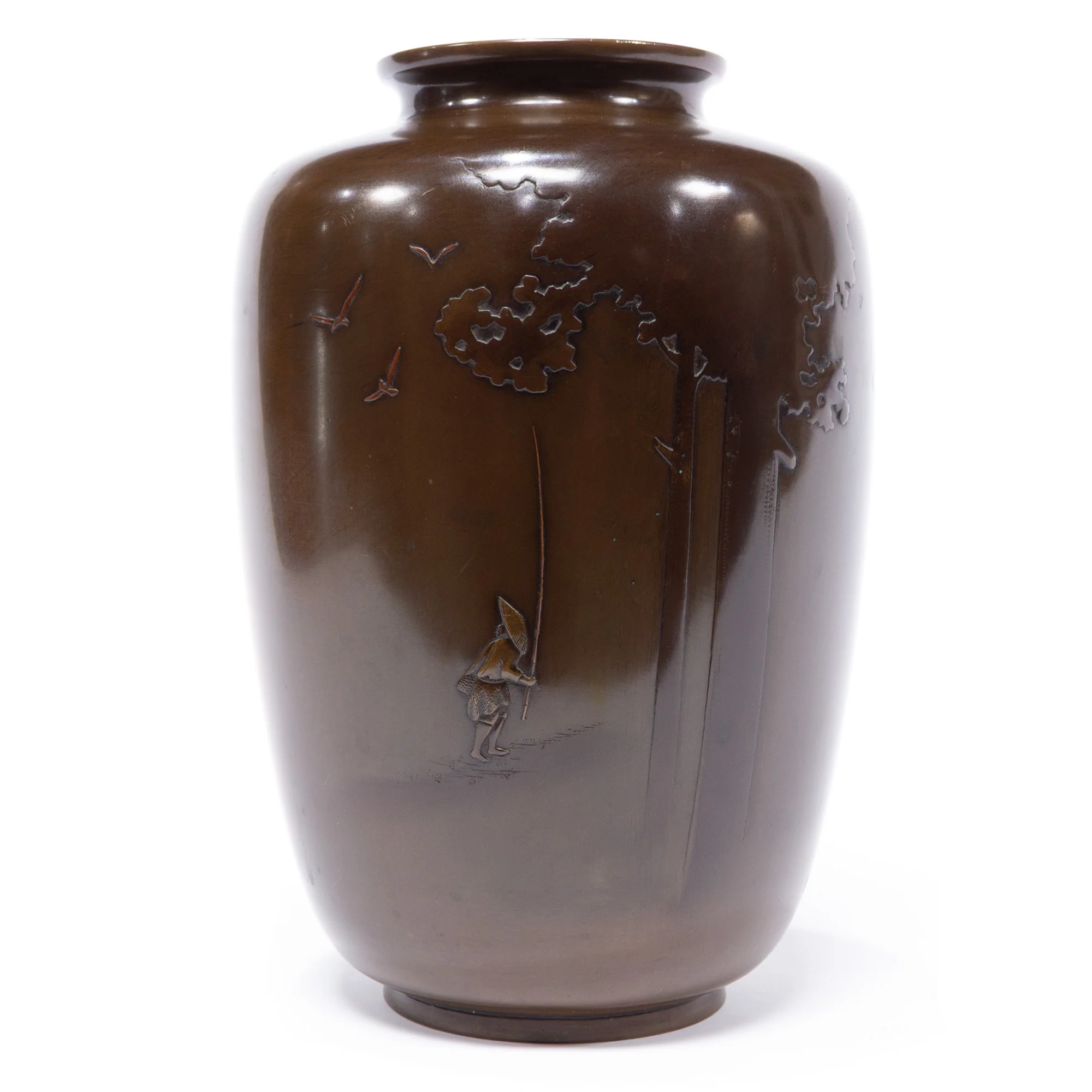 Bronze Vase Depicting Trees And A Fisherman