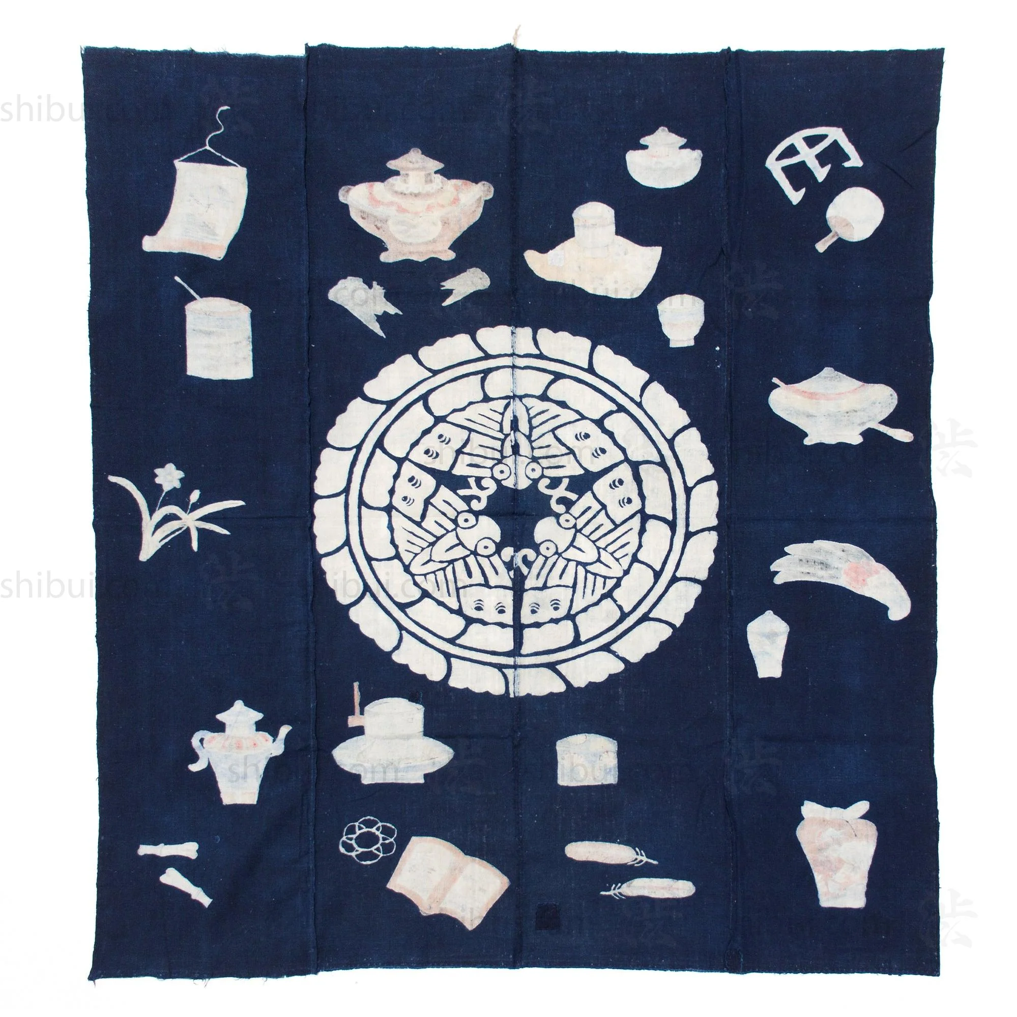Chado Tea Ceremony Themed Tsutsugaki Dyed Futonji | Indigo Cotton - Image 2