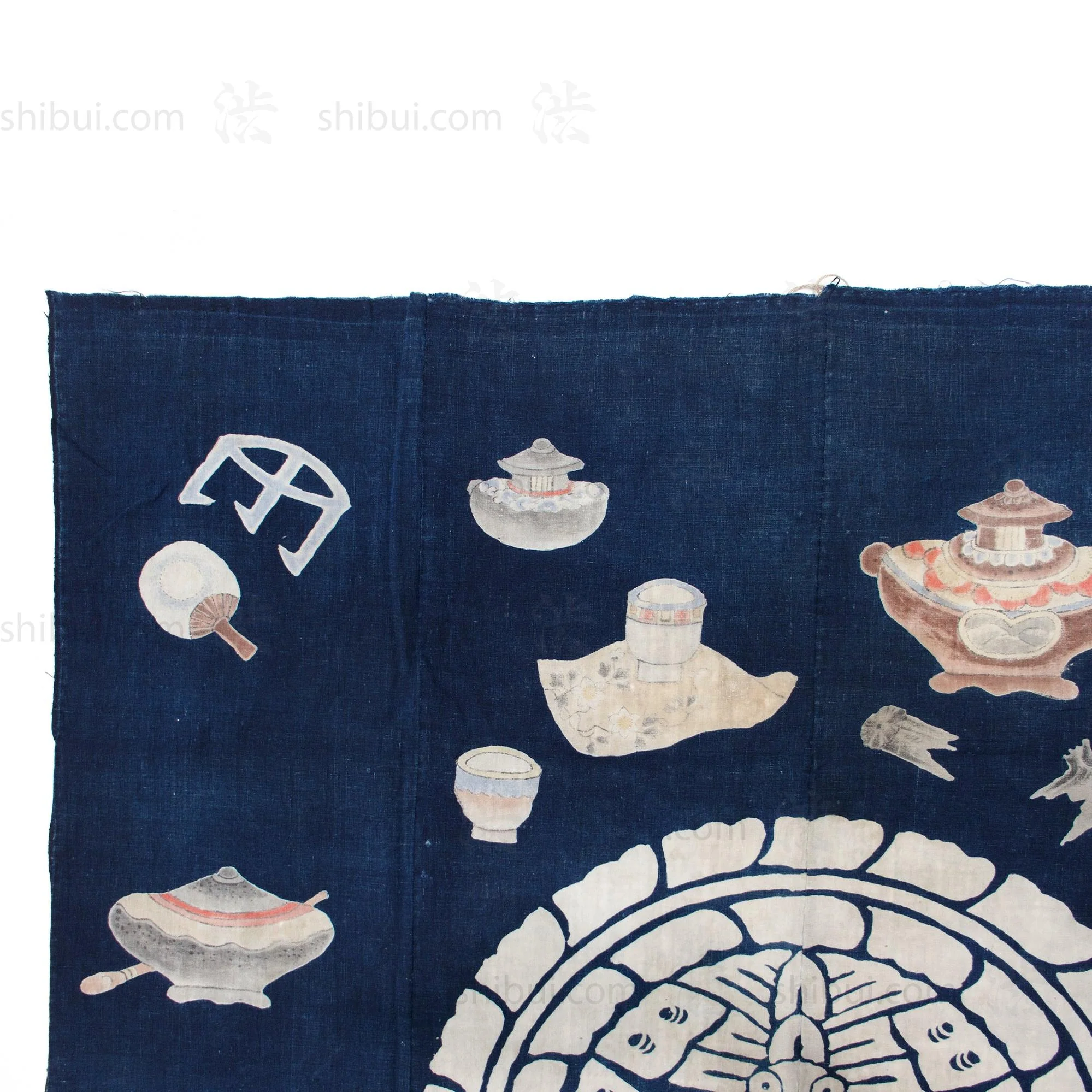 Chado Tea Ceremony Themed Tsutsugaki Dyed Futonji | Indigo Cotton - Image 6