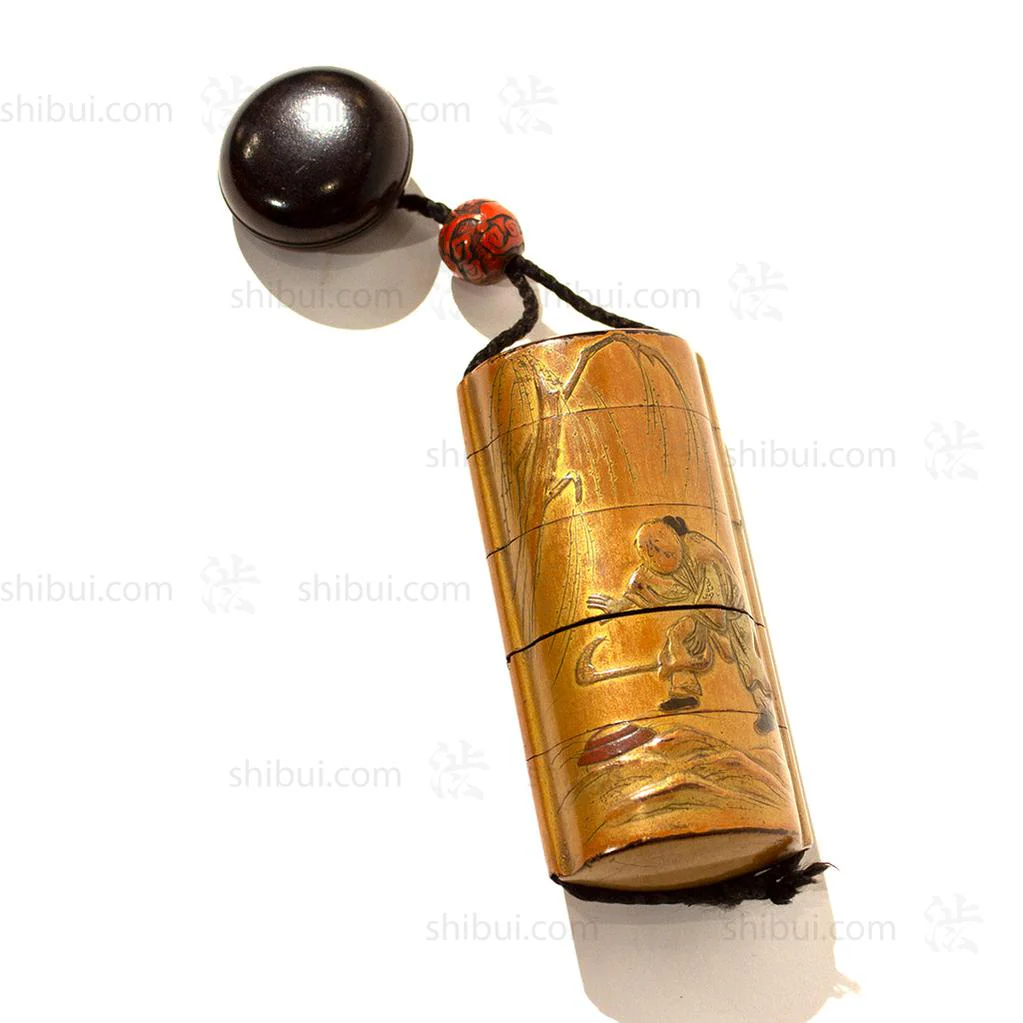 Lacquered Dragon Ojime Inro with Man and Willow - Manju Netsuke - Image 3