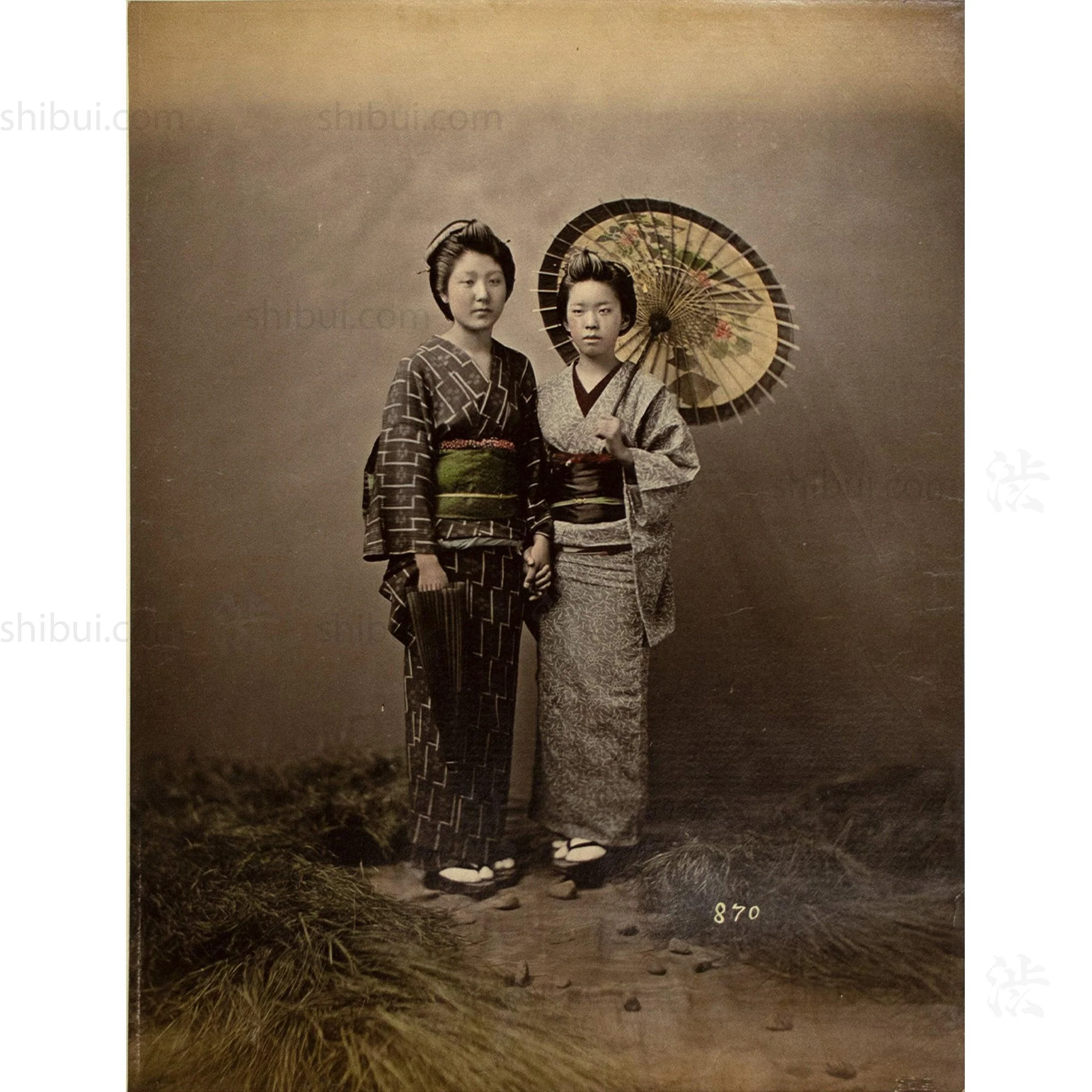 Studio Albumen Photo of Two Women with a Parasol | Antique Japanese Photography