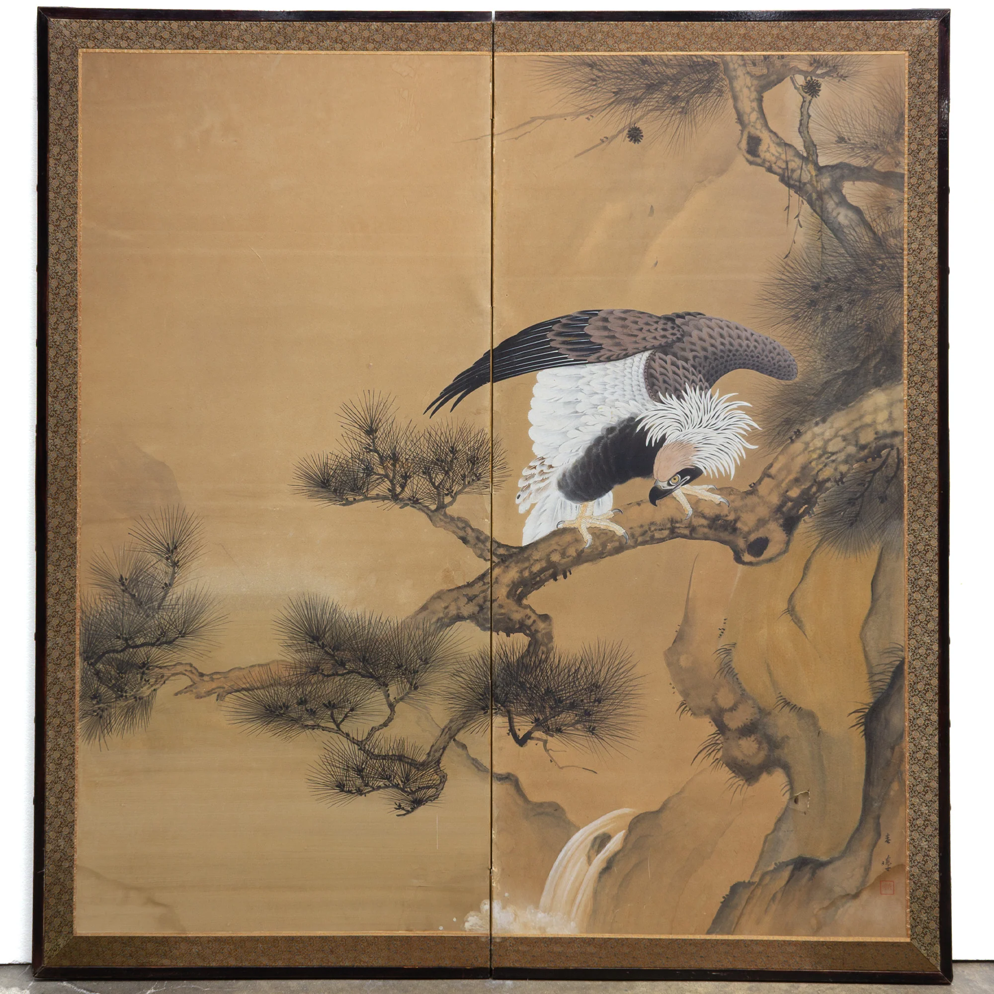 Japanese Antique Screen Panel Painting Eagle Byobu