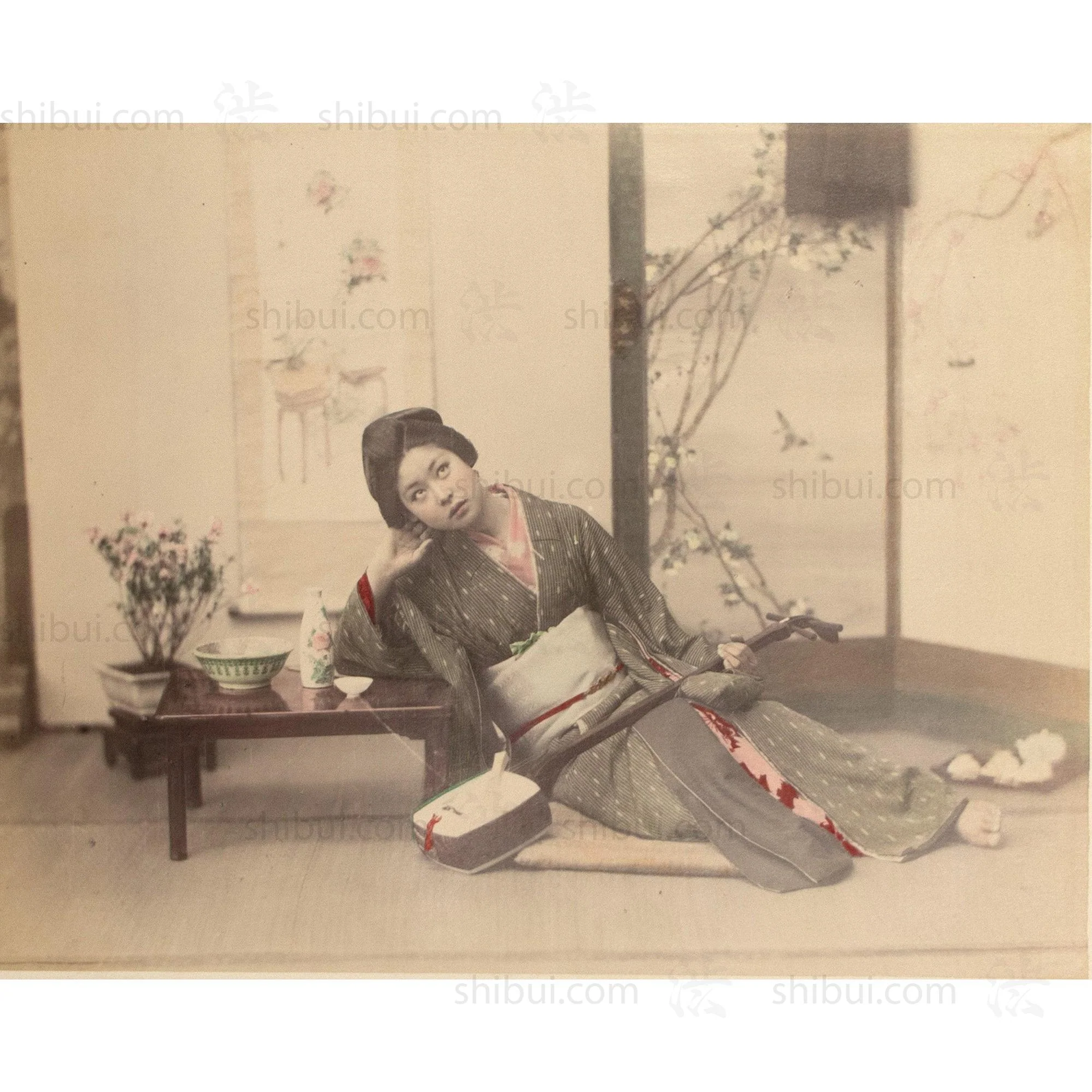 Female Musician |  Hand Tinted Japanese Albumen Photograph
