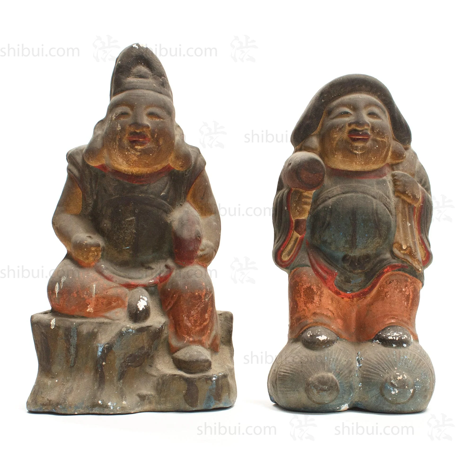Daikoku and Ebisu  Clay Dolls  Meiji Era