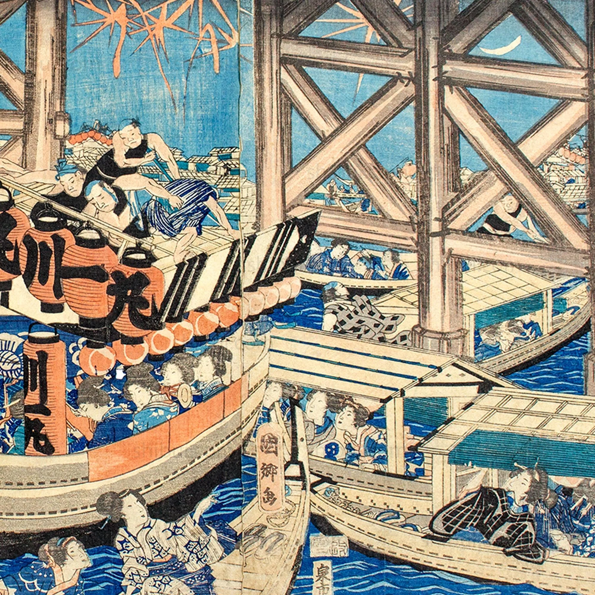 Famous Places at the Eastern Capital: Evening at Ryogoku, 1856 | Japanese Woodblock Print - Image 4