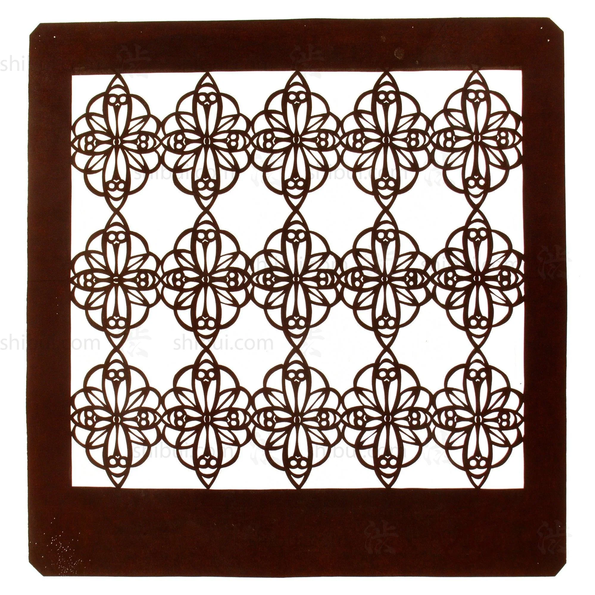Pair of Floral Geometric Motif Katagami | Japanese Lacquered Paper Stencil