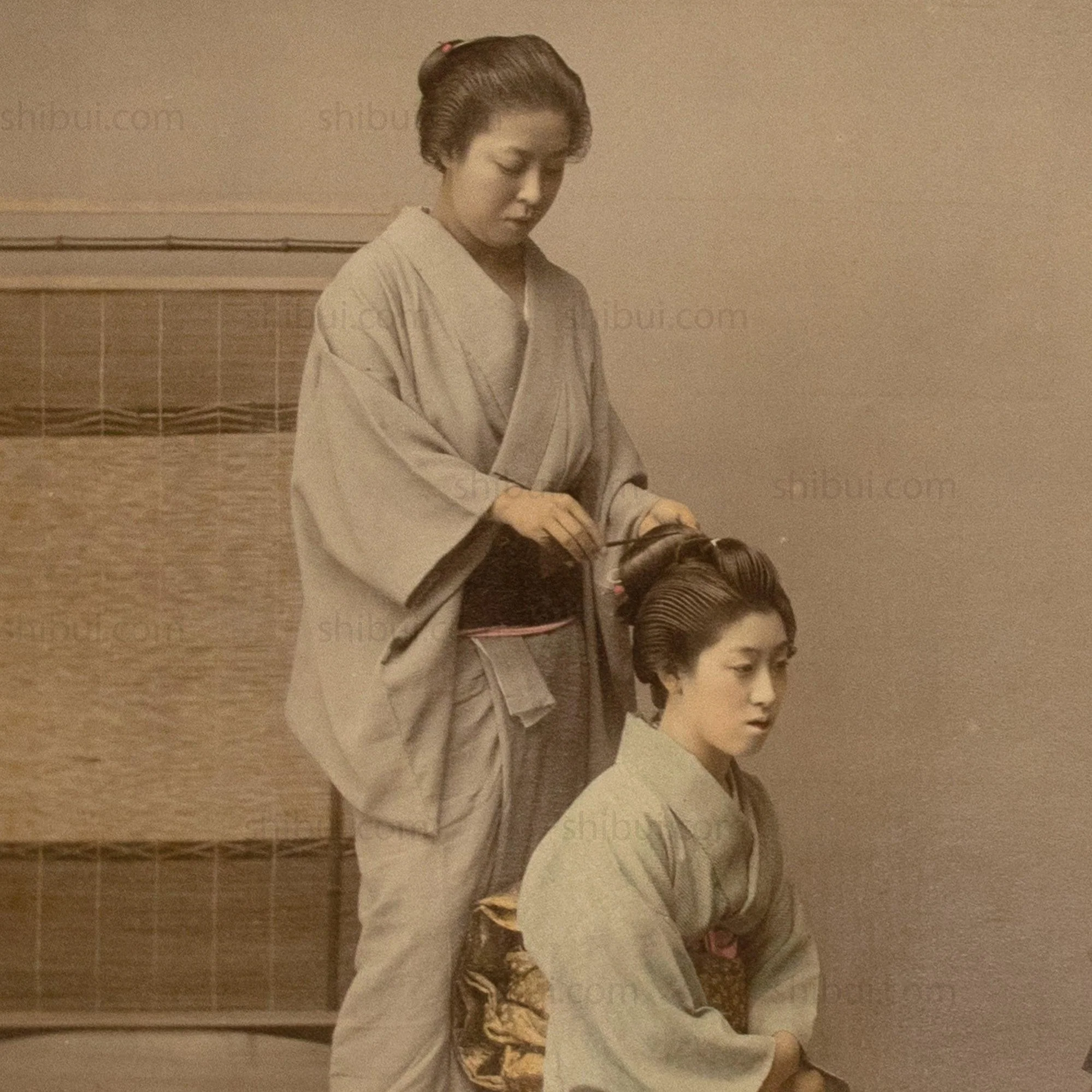 Japanese Antique Hand Tinted  Albumen Photo of Hair Dressing