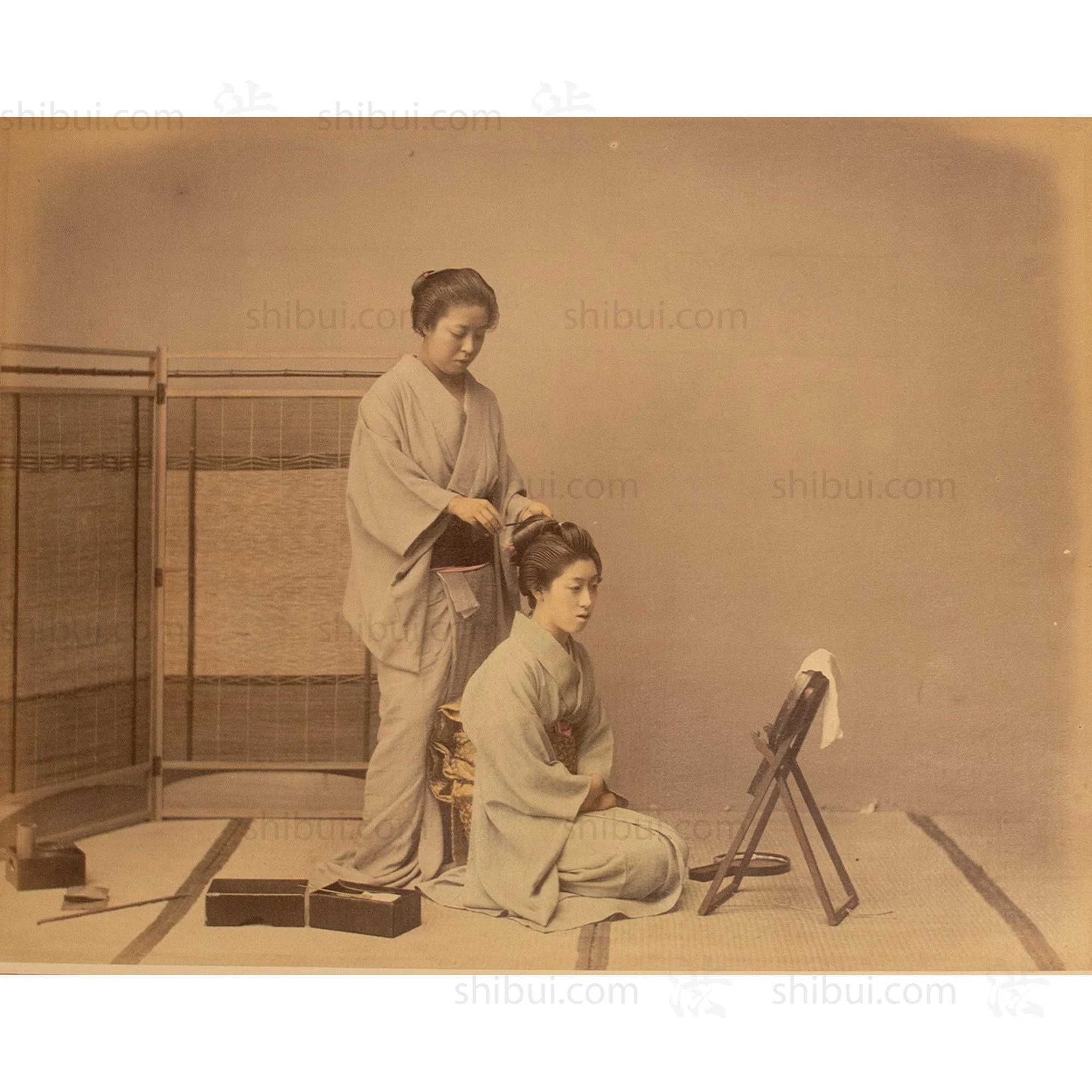 Japanese Antique Hand Tinted  Albumen Photo of Hair Dressing - Image 2