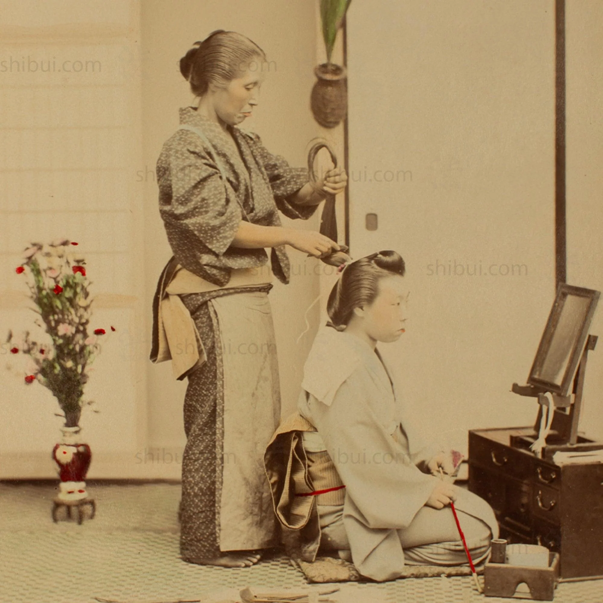 Hand Tinted Albumen of Female Hairdresser | Antique Japanese Photograph - Image 3