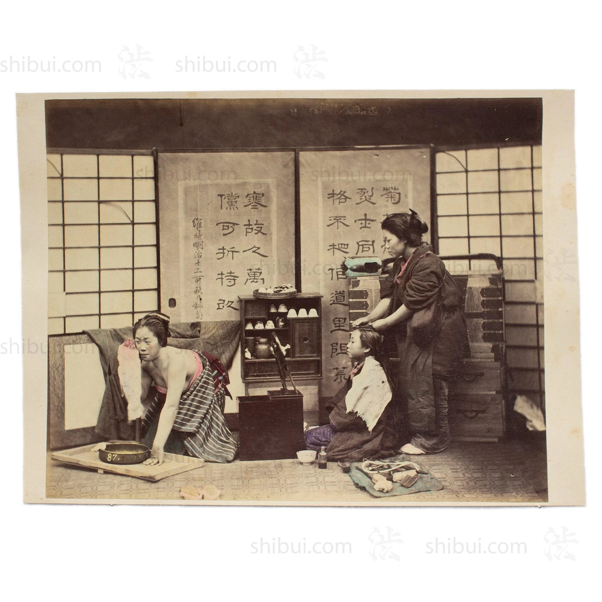 Hand Tinted Albumen of Girl's Hairdresser | Antique Japanese Photograph