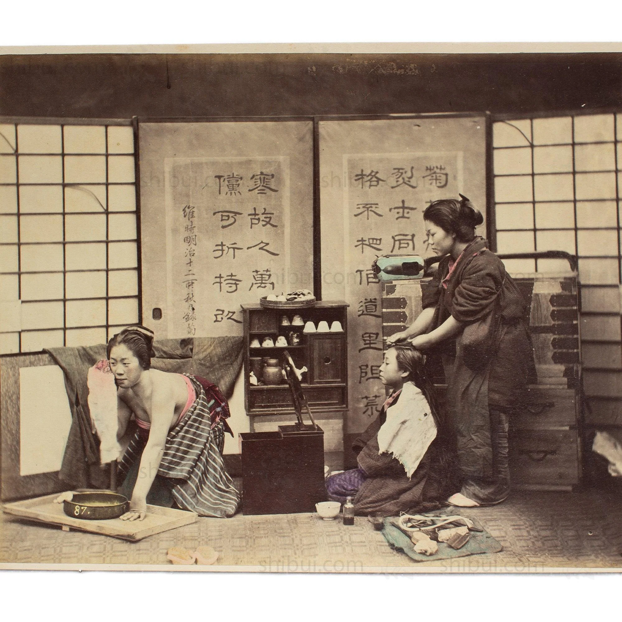 Hand Tinted Albumen of Girl's Hairdresser | Antique Japanese Photograph - Image 2