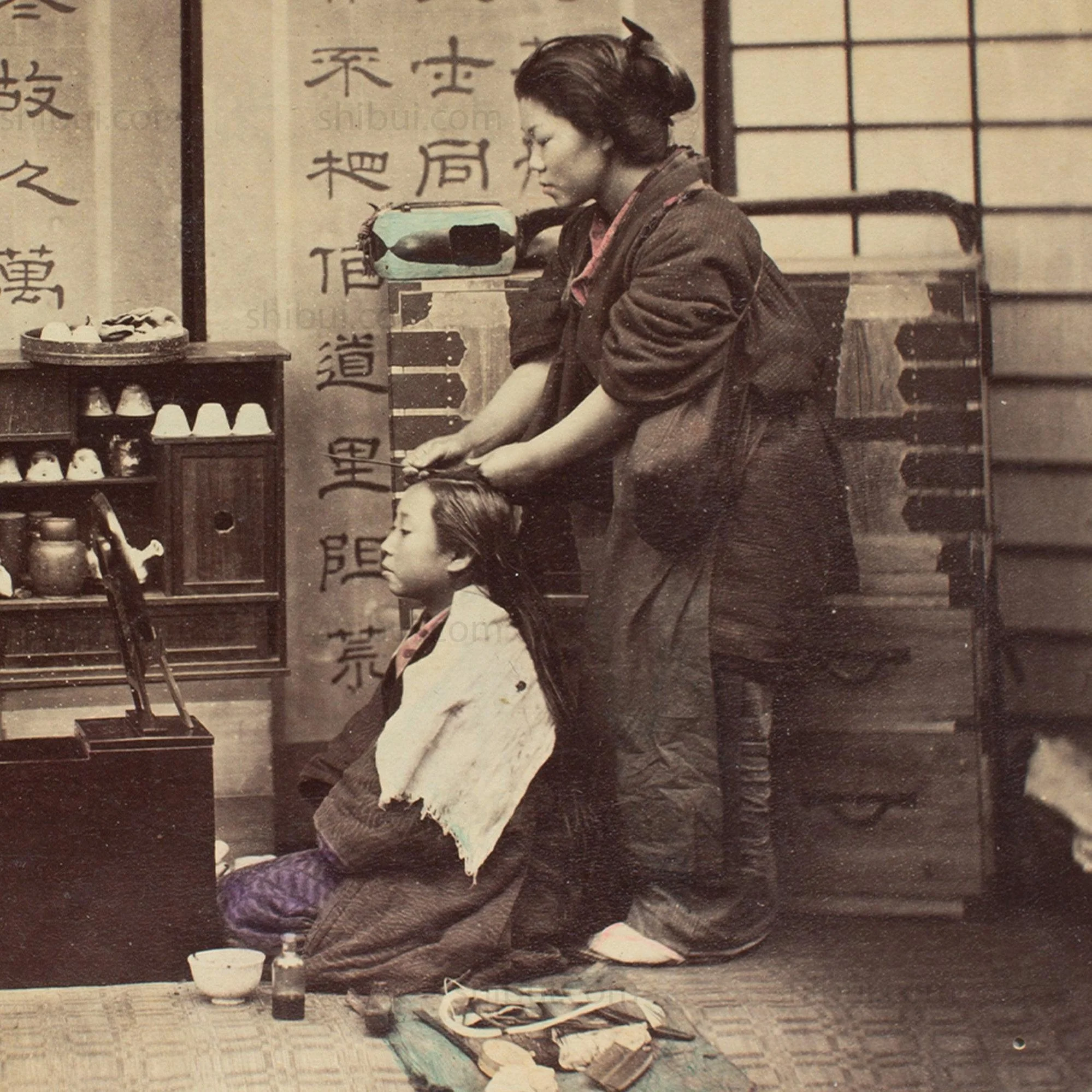 Hand Tinted Albumen of Girl's Hairdresser | Antique Japanese Photograph - Image 4