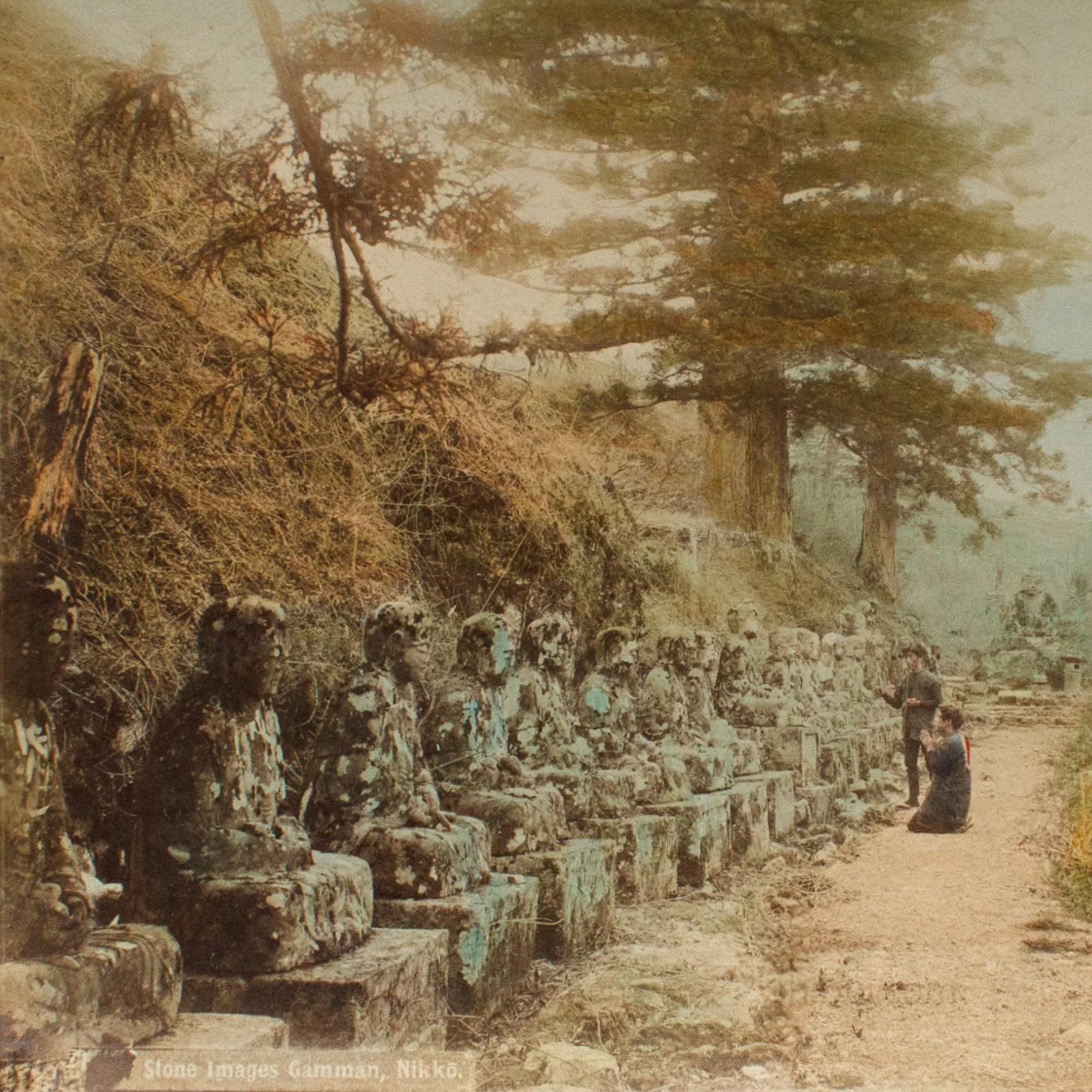 Hand Tinted Antique Japanese Albumen Photo of Kanmangafuchi Jizo Statues - Image 2