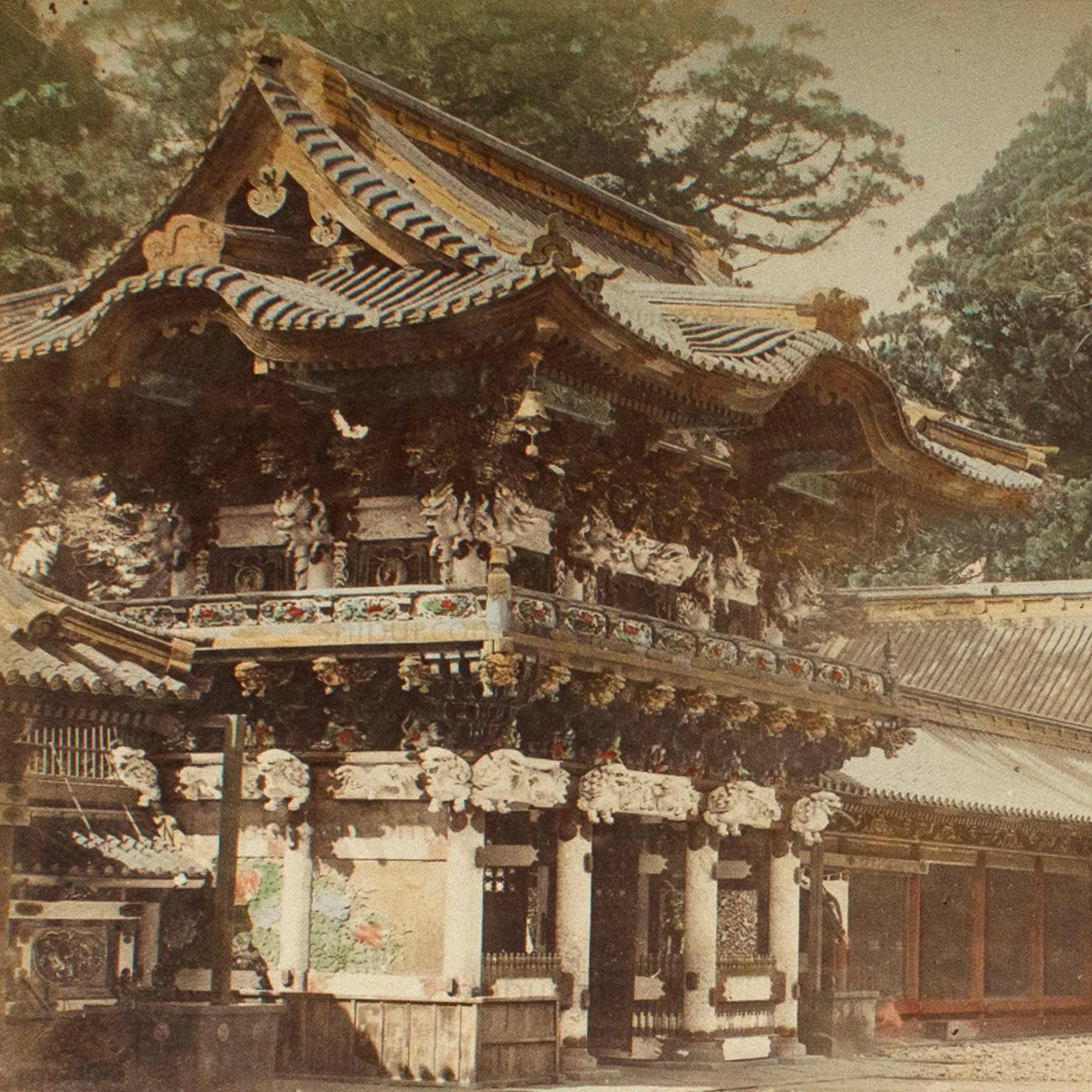 Hand Tinted Antique Japanese Albumen Photo of Yomeimon Great Gate - Image 2