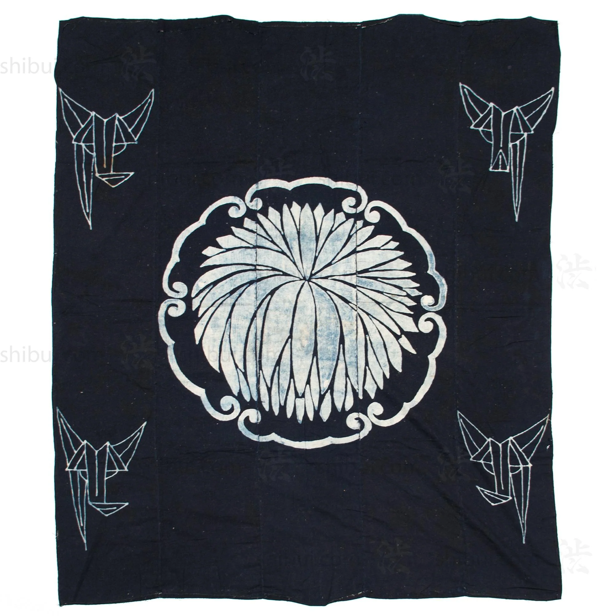Large Indigo Tsutsugaki Futonji with Chrysanthemum and Paper Crane Motif - Image 7