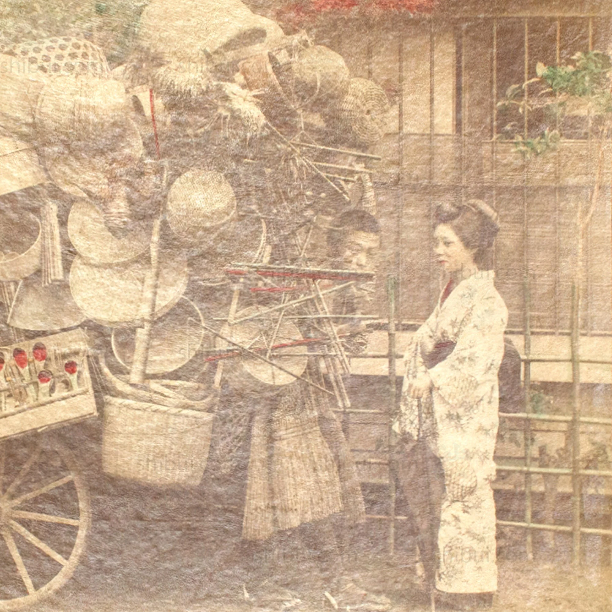 Hand-tinted Meiji Era Photograph | Basket Merchant | Japanese Antique Photography | Albumen Photography | Japanese Decor - Image 3