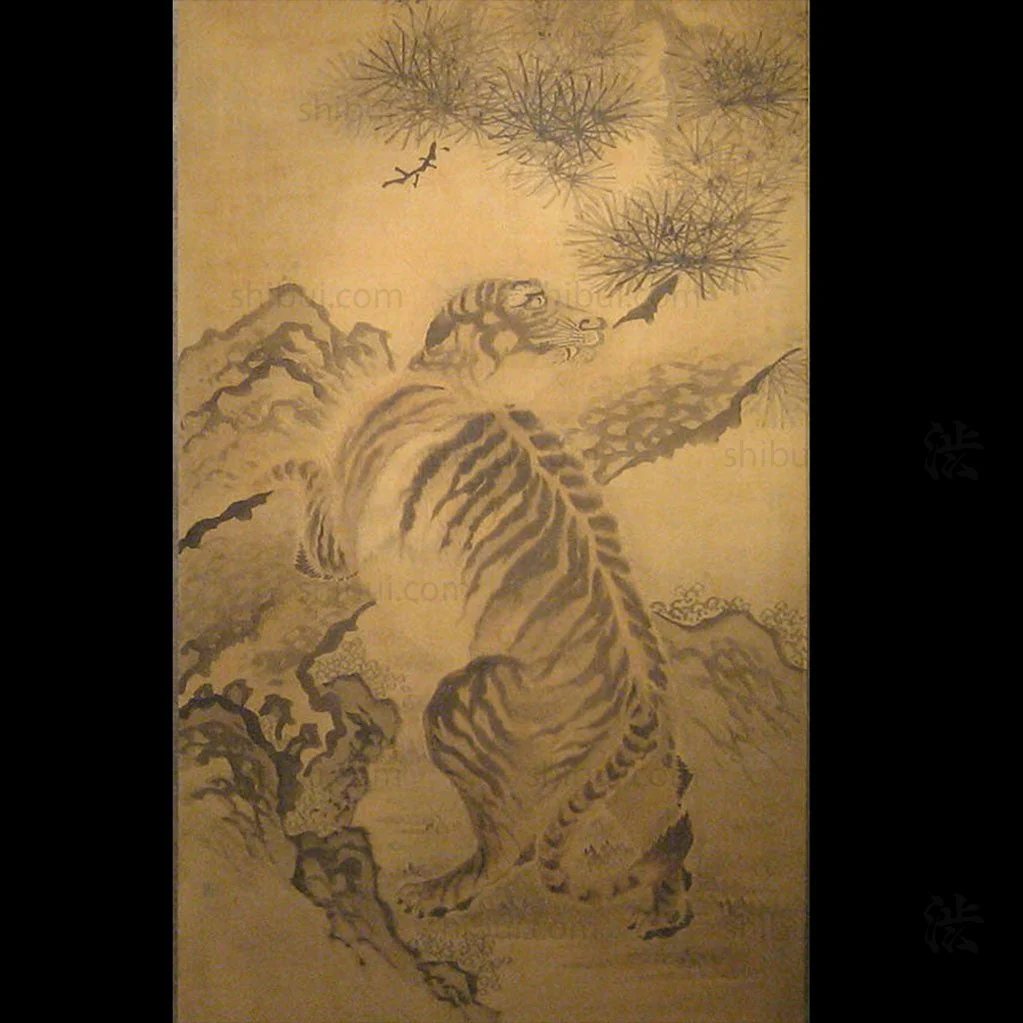 Japanese Antique Screen Panel Painting Wolf and Tiger Byobu - Image 3