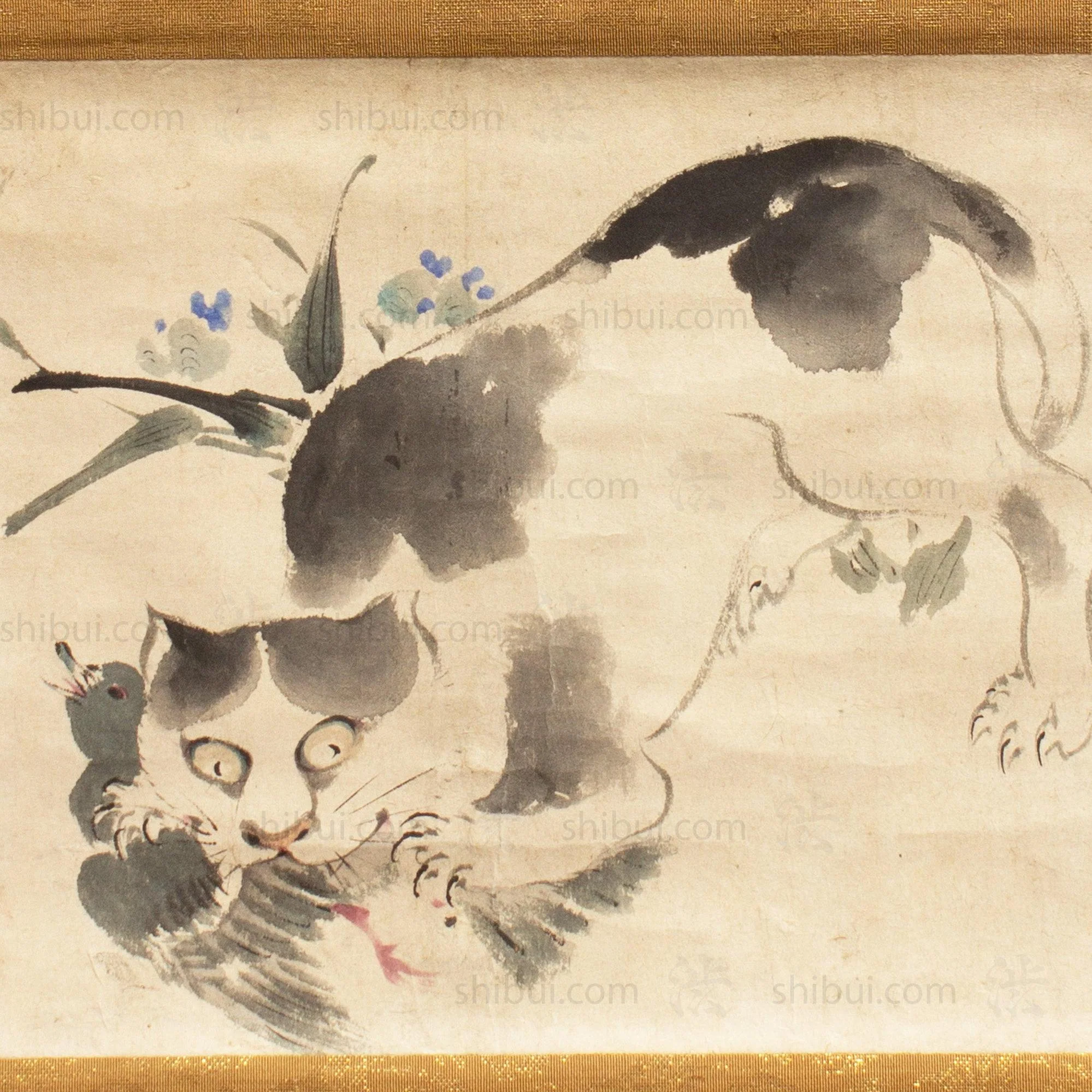 Japanese Art Painting on Scroll, Cat and Bird - Image 3