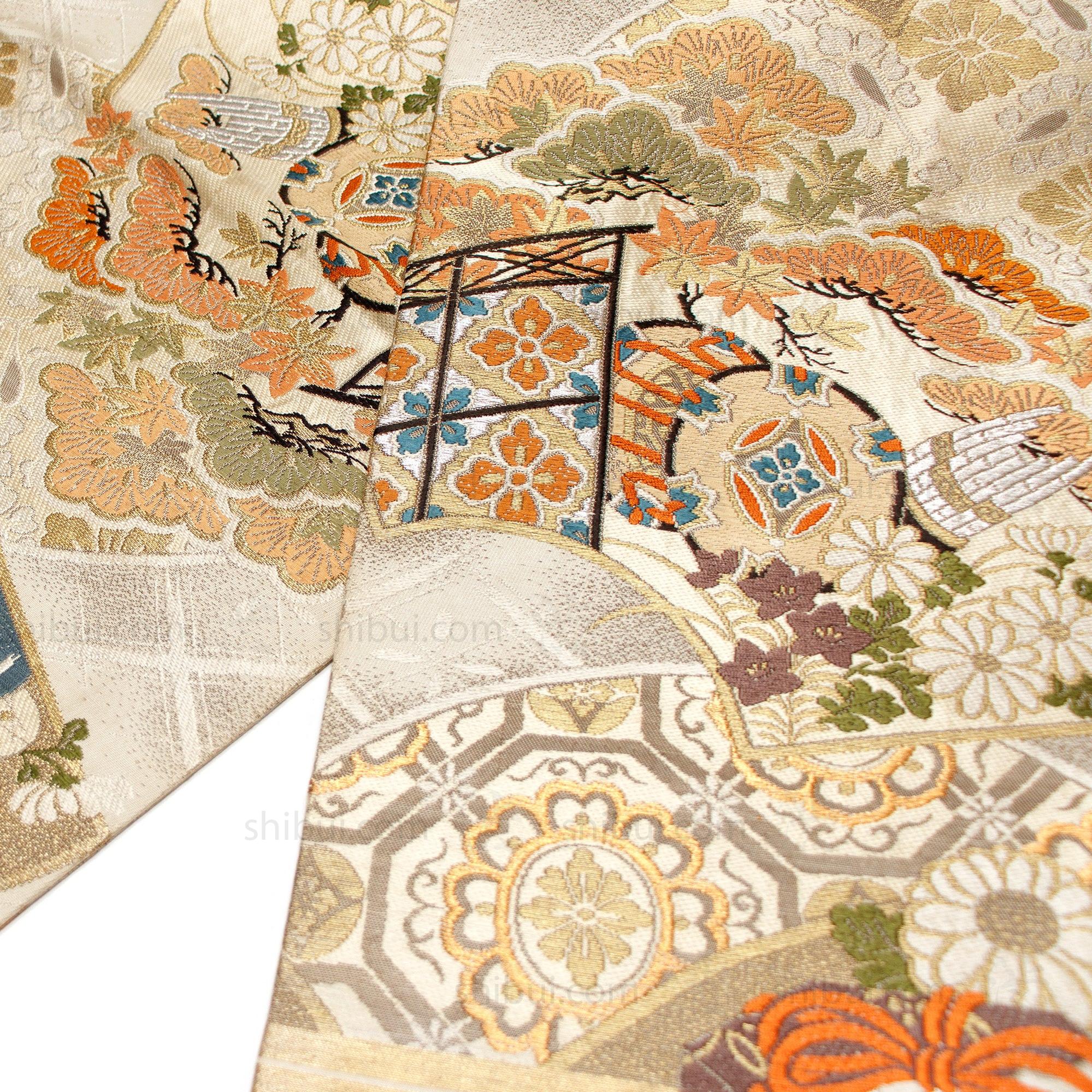 Japanese Silk Brocade Maru Obi with Drum and Fans - Image 2