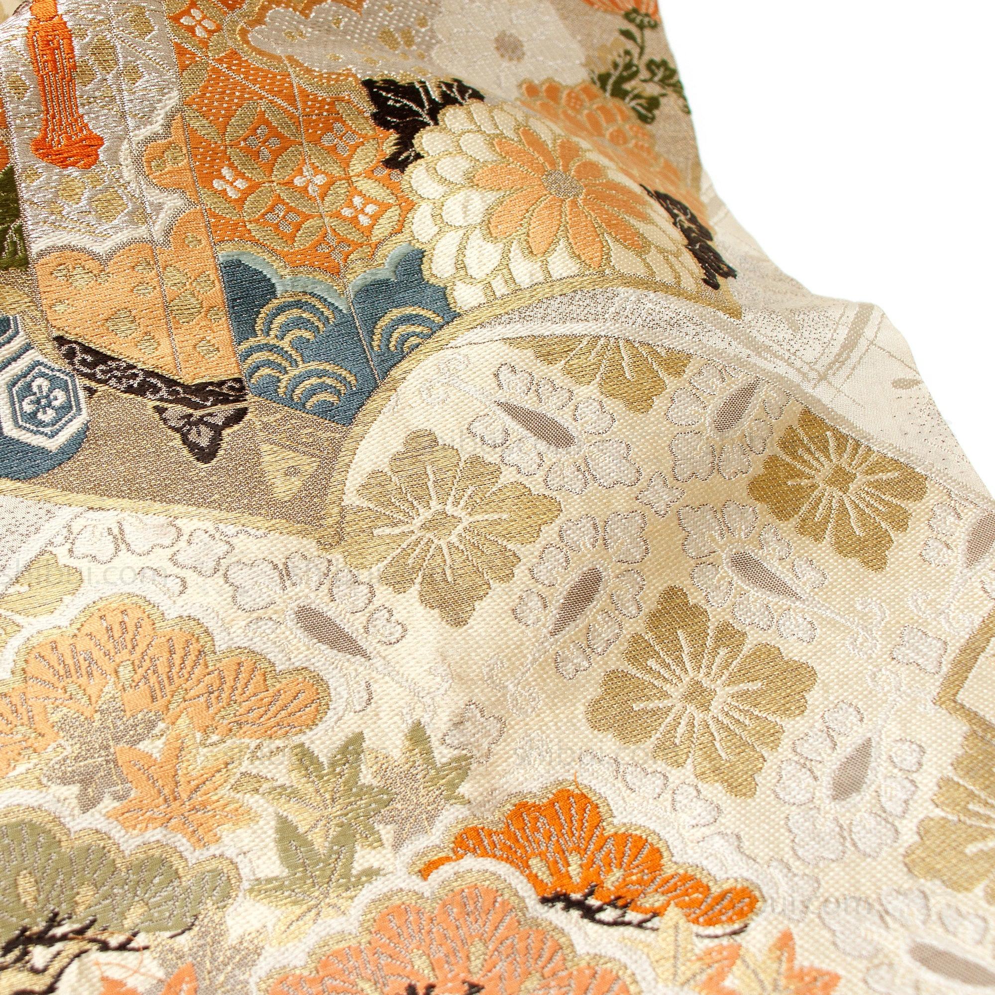 Japanese Silk Brocade Maru Obi with Drum and Fans - Image 3