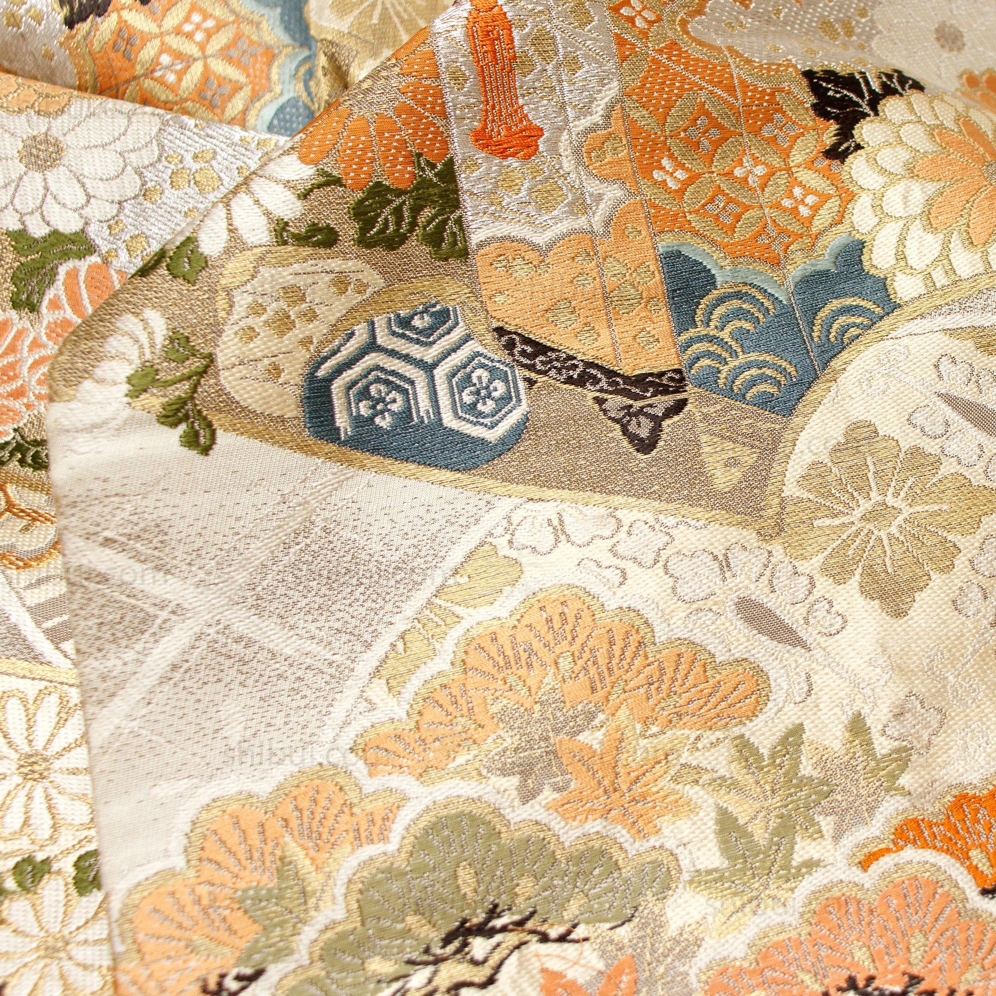 Japanese Silk Brocade Maru Obi with Drum and Fans - Image 4