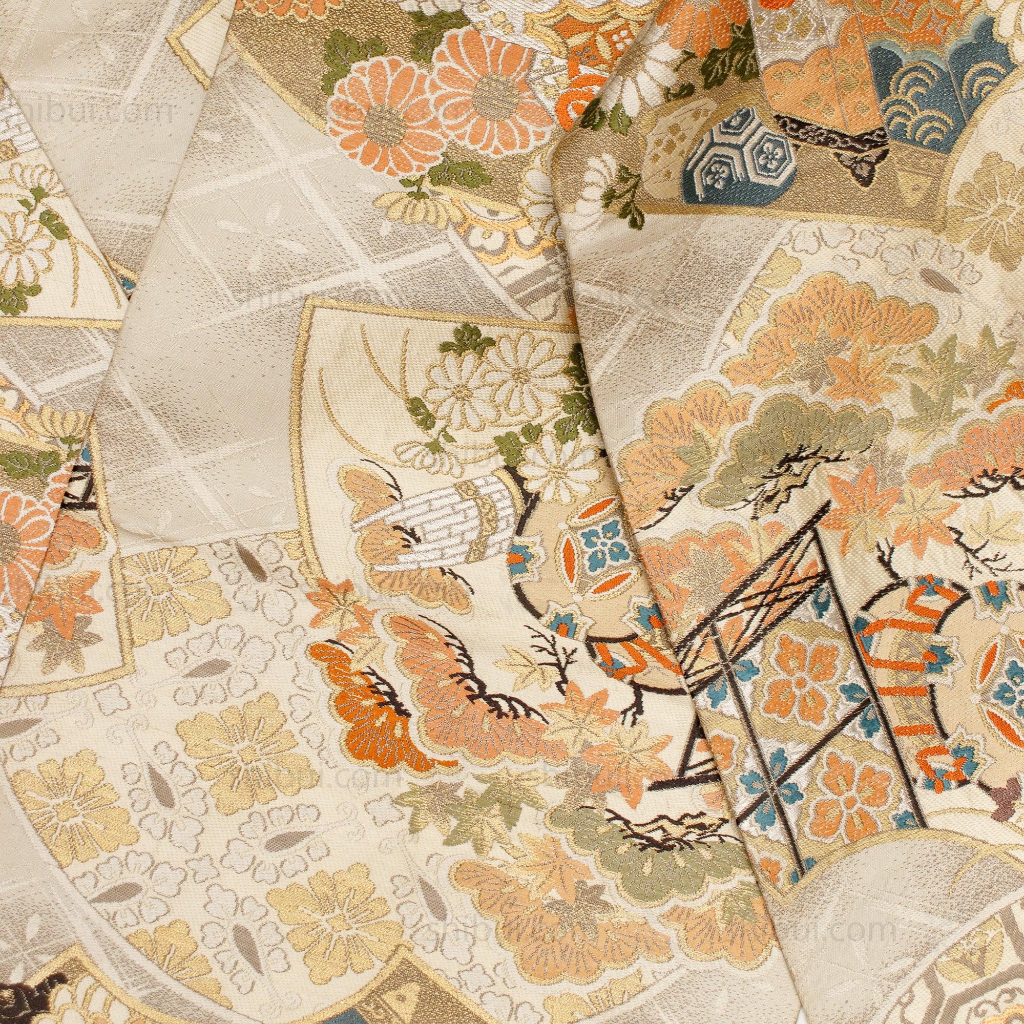 Japanese Silk Brocade Maru Obi with Drum and Fans - Image 5