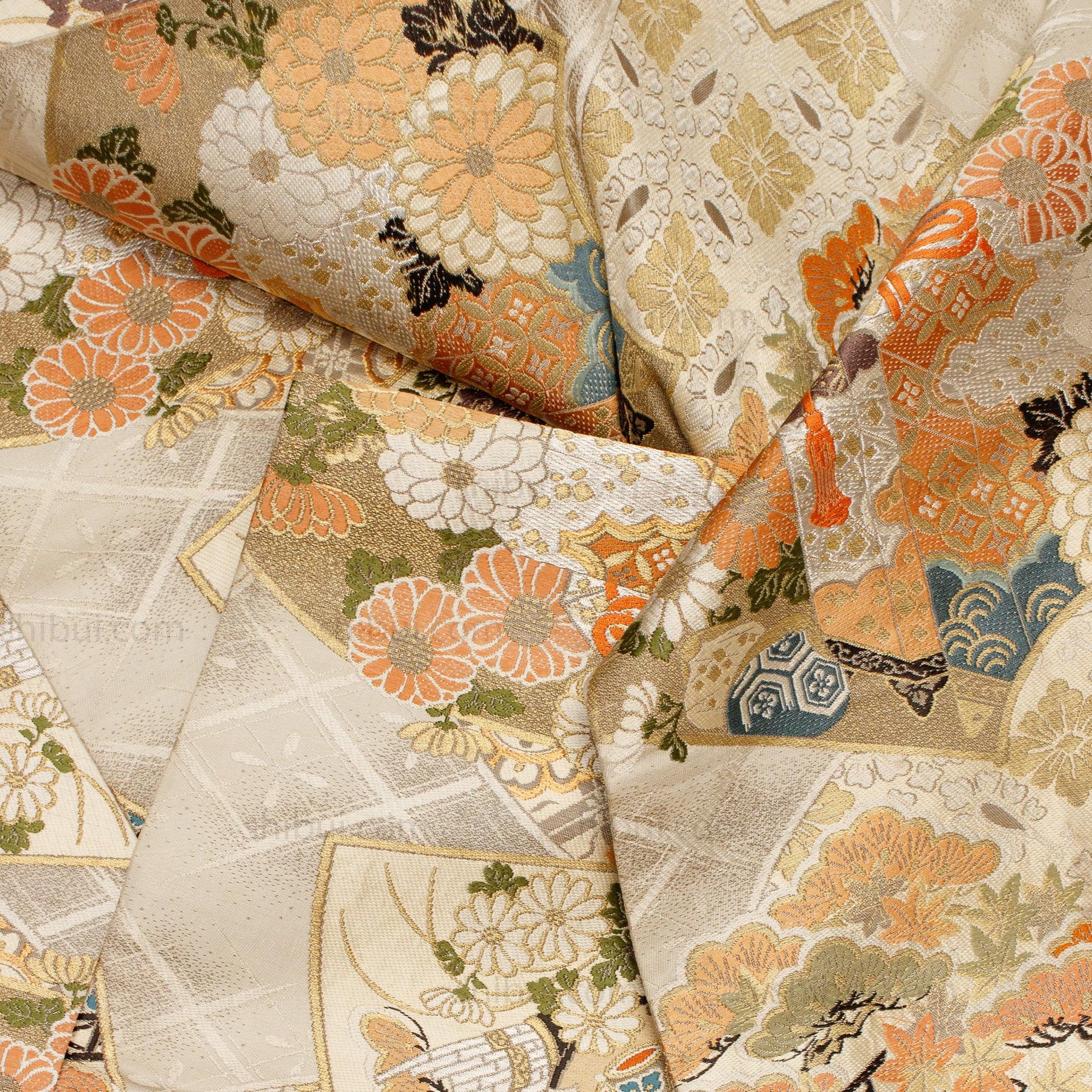 Japanese Silk Brocade Maru Obi with Drum and Fans - Image 6