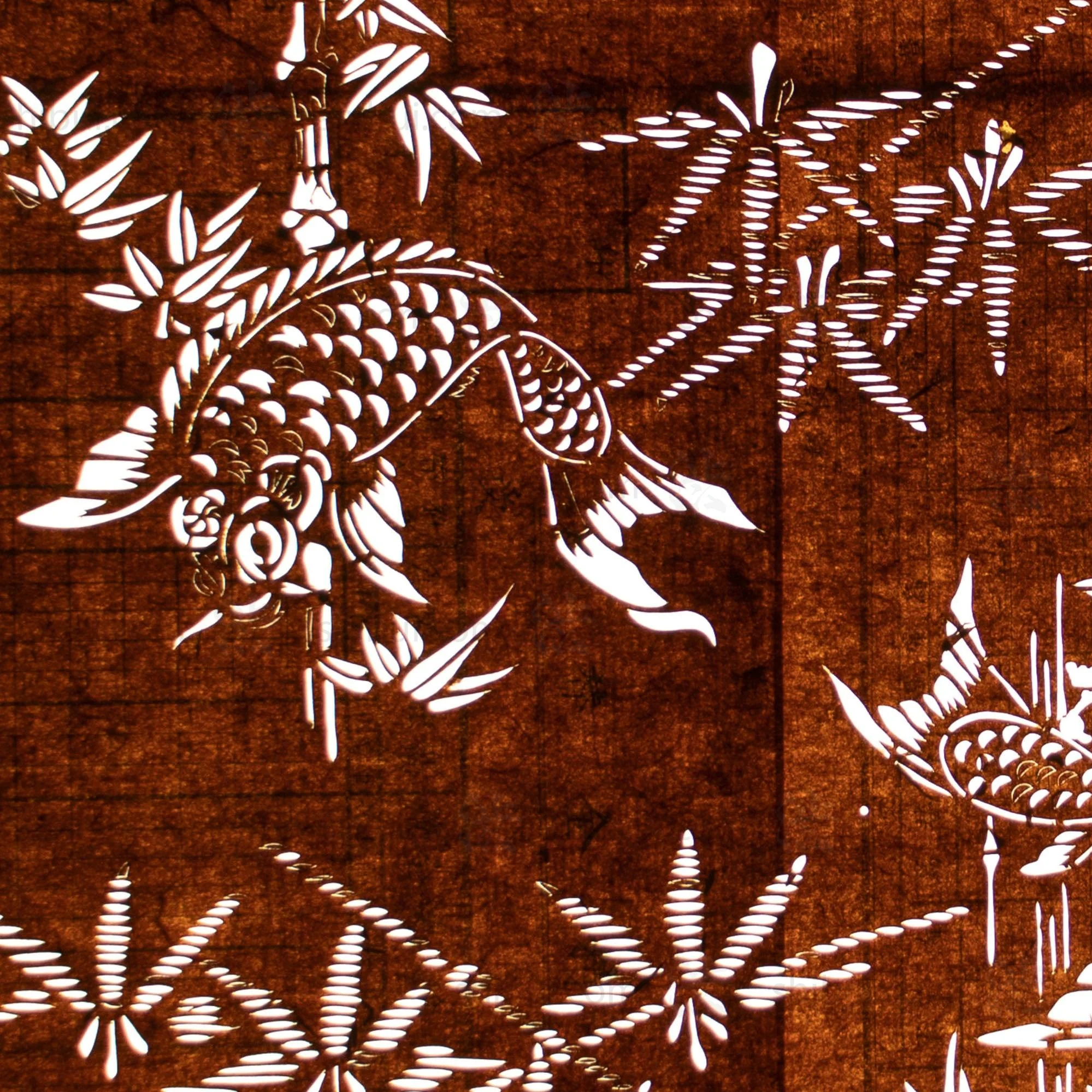 Katagami - Koi and Bamboo- Japanese Lacquered Paper Stencil - Image 3