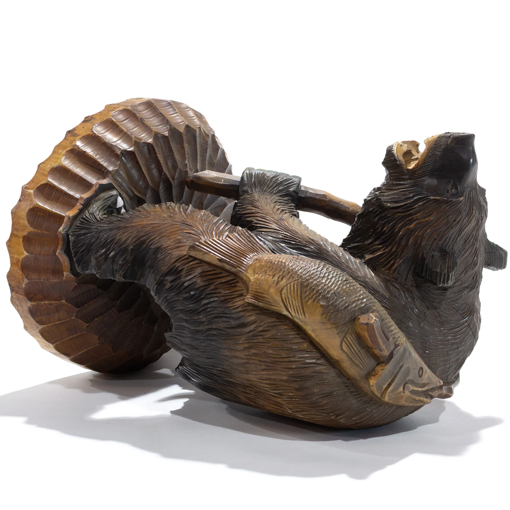 Kibori Kuma | Hand Carved Wood Bear | Japanese Hand Carved Bear with Fishing Pole and Salmon - Image 4
