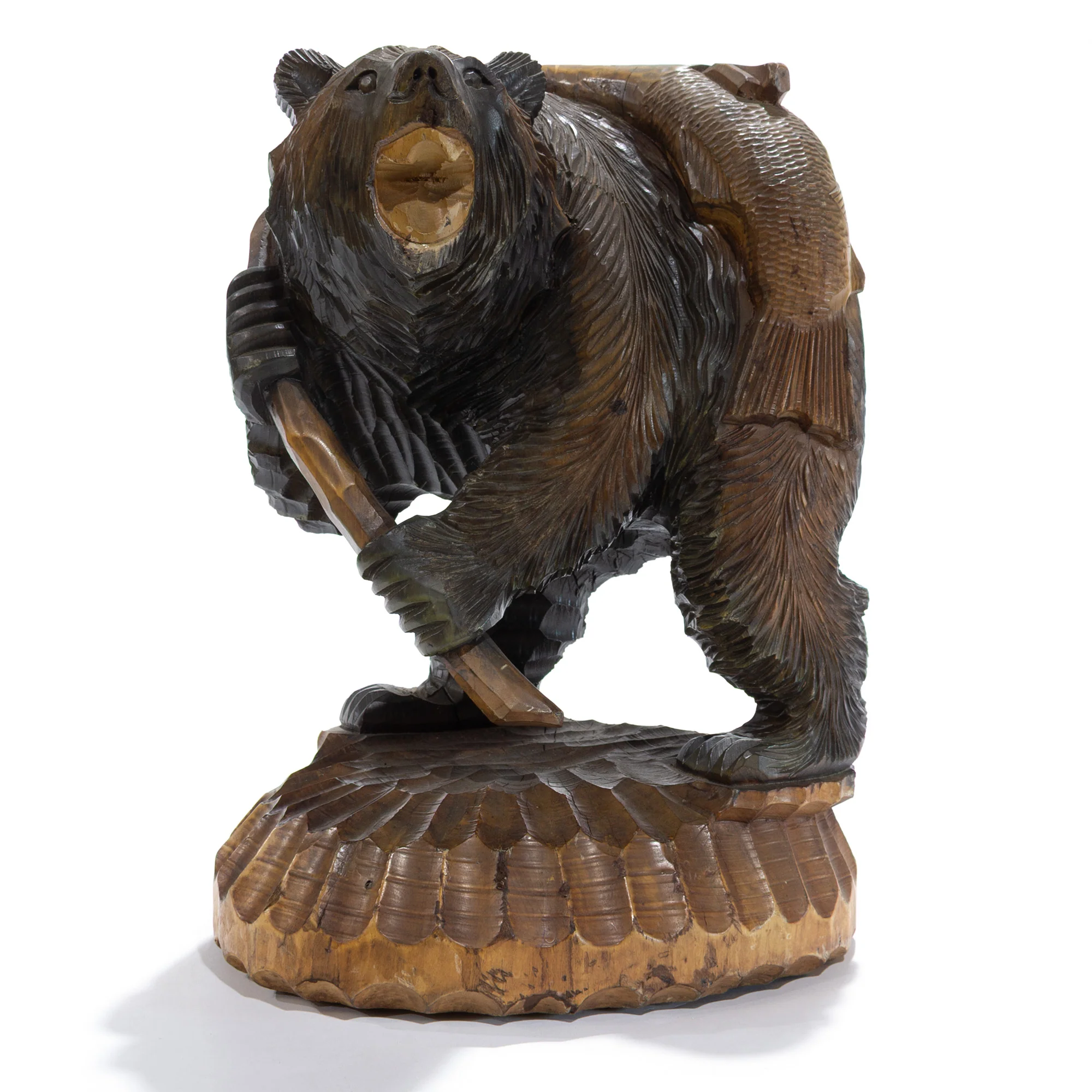 Kibori Kuma | Hand Carved Wood Bear | Japanese Hand Carved Bear with Fishing Pole and Salmon - Image 6