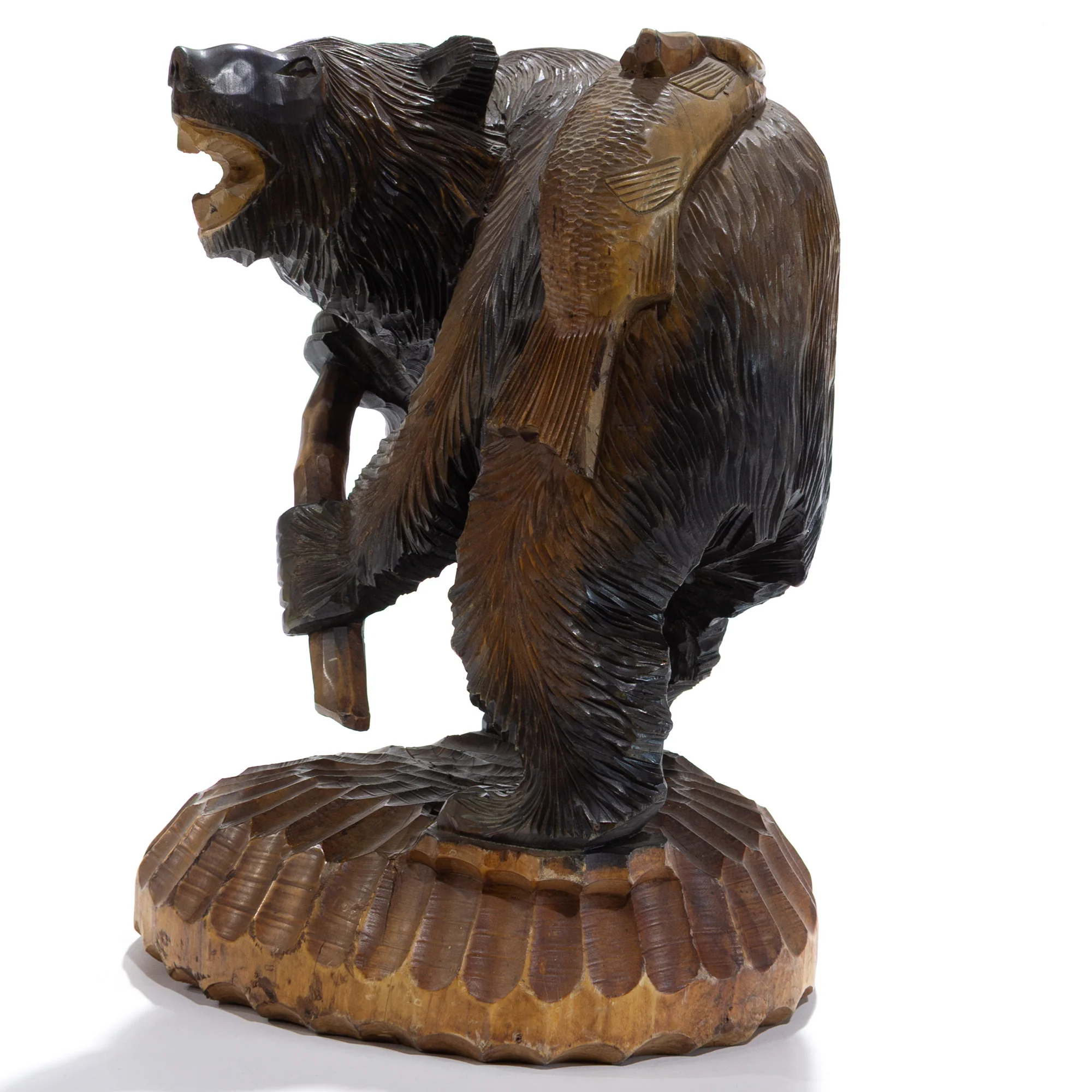 Kibori Kuma | Hand Carved Wood Bear | Japanese Hand Carved Bear with Fishing Pole and Salmon - Image 7