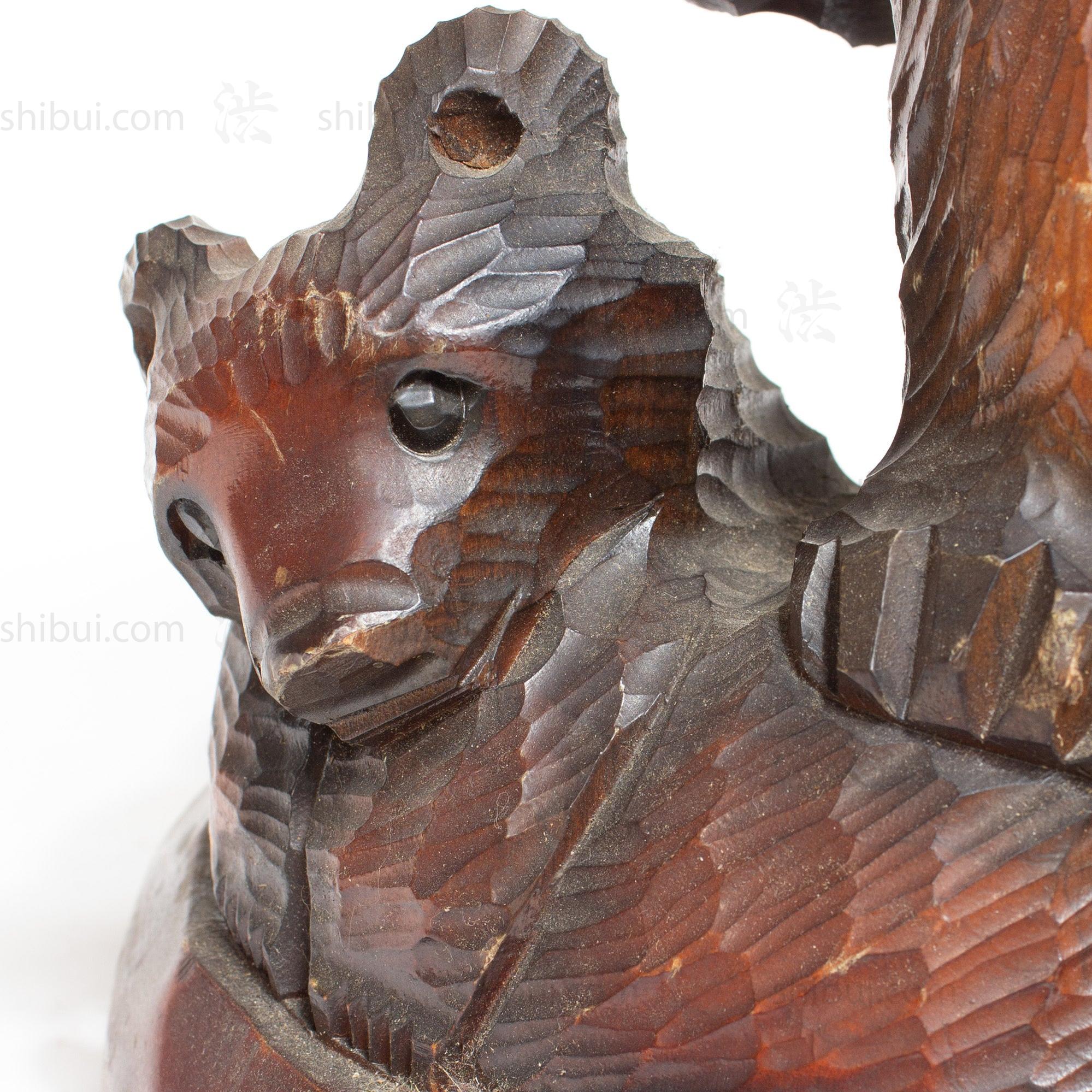 Kibori Kuma | Hand Carved Wood Bear | Japanese Hand Carved Bear with Salmon and Fishing Pole - Image 2