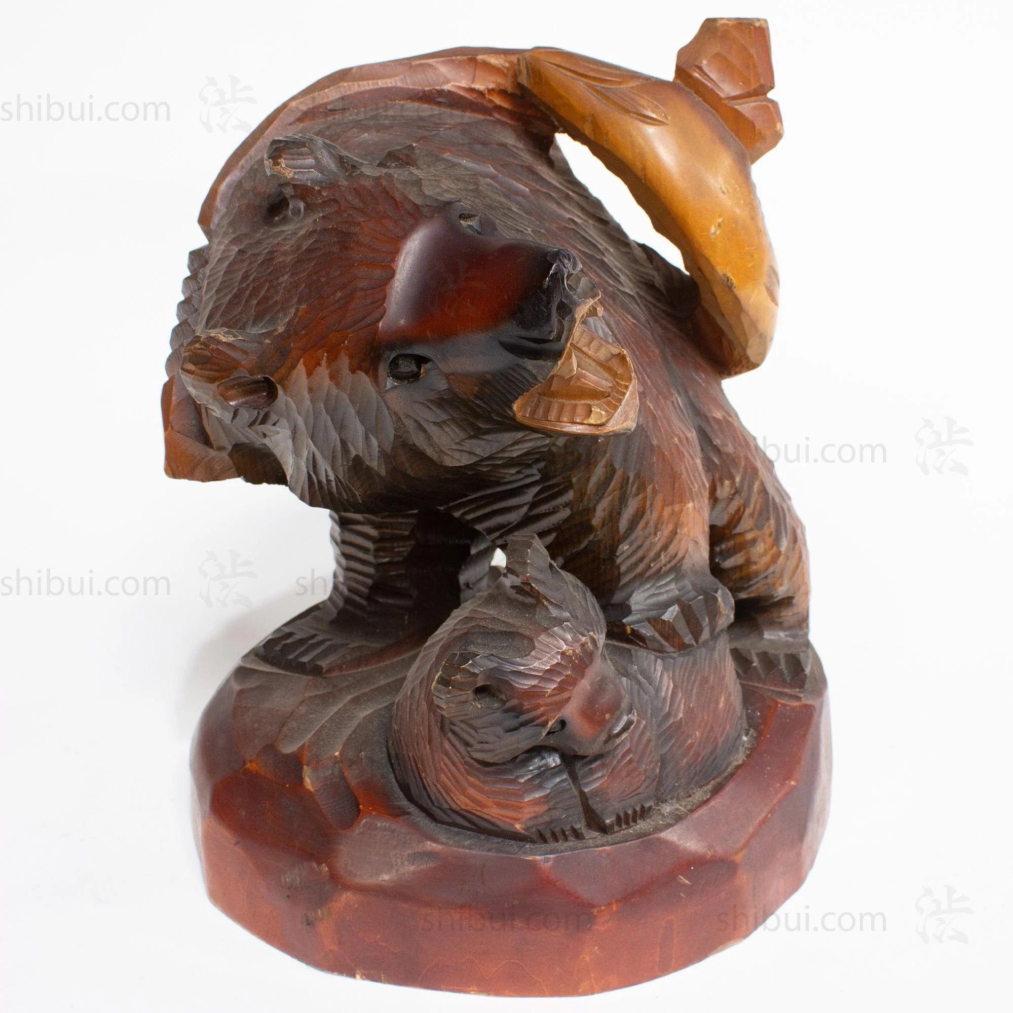 Kibori Kuma | Hand Carved Wood Bear | Japanese Hand Carved Bear with Salmon and Fishing Pole - Image 4