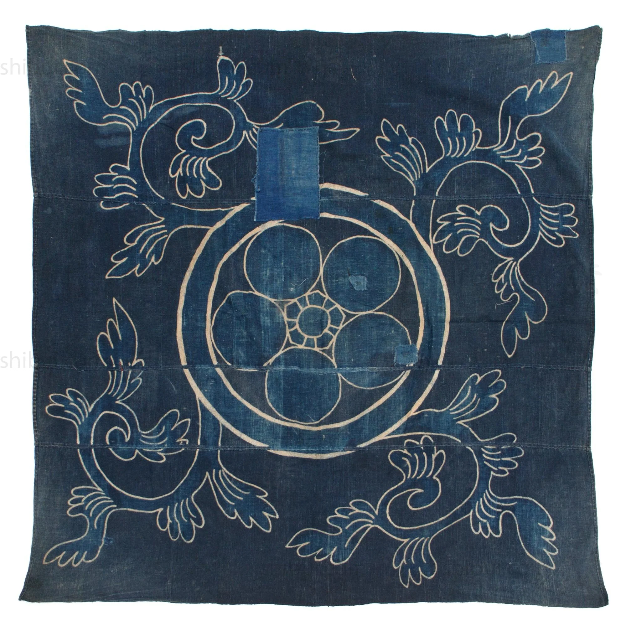 Japanese Tsutsugaki Indigo Furoshiki with Mon Family Crest Motif - Image 2