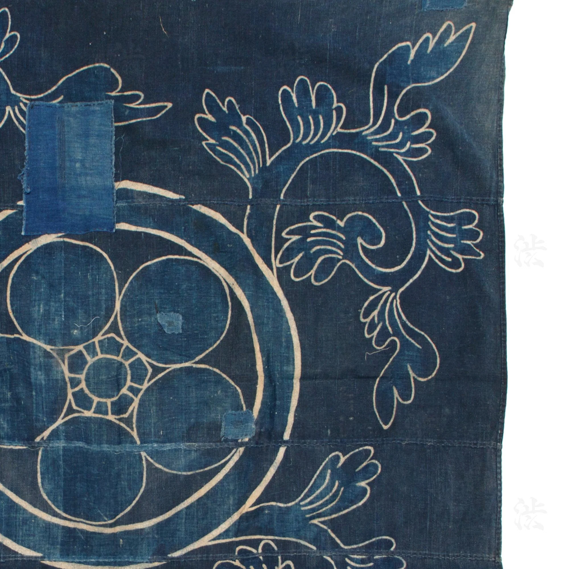 Japanese Tsutsugaki Indigo Furoshiki with Mon Family Crest Motif - Image 7