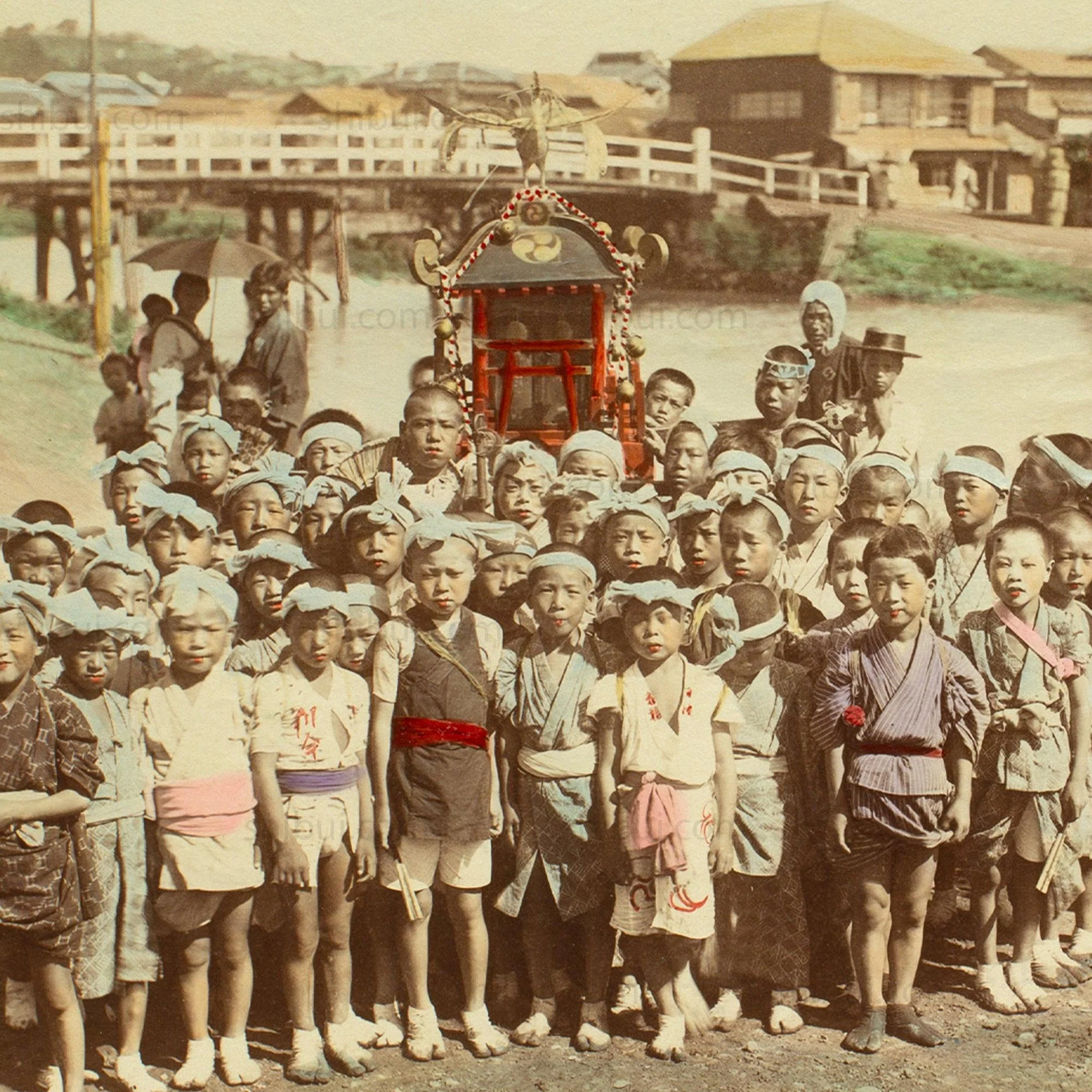 Mikoshi and Children |  Japanese Antique Hand Tinted Albumen Photo