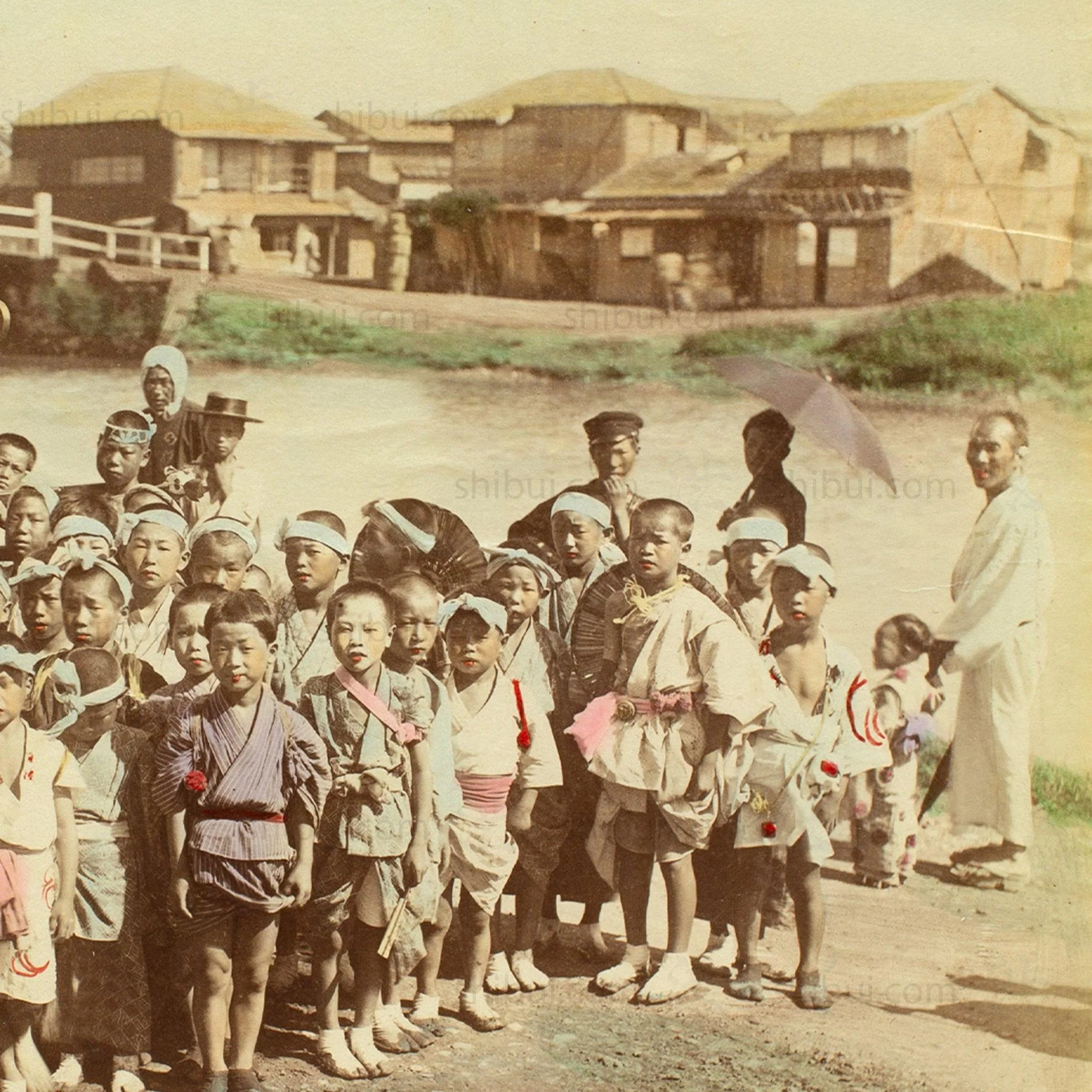Mikoshi and Children |  Japanese Antique Hand Tinted Albumen Photo - Image 2