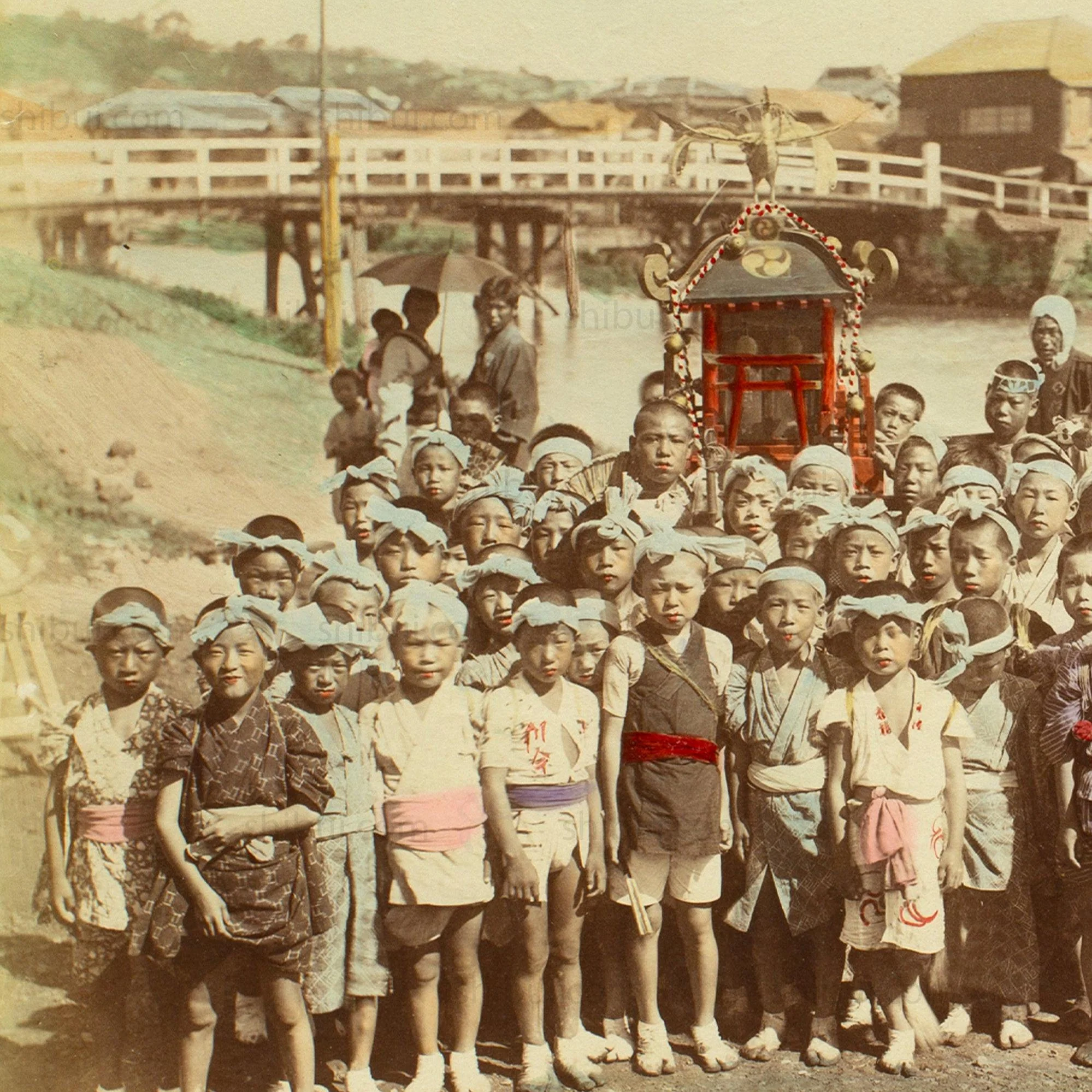 Mikoshi and Children |  Japanese Antique Hand Tinted Albumen Photo - Image 3