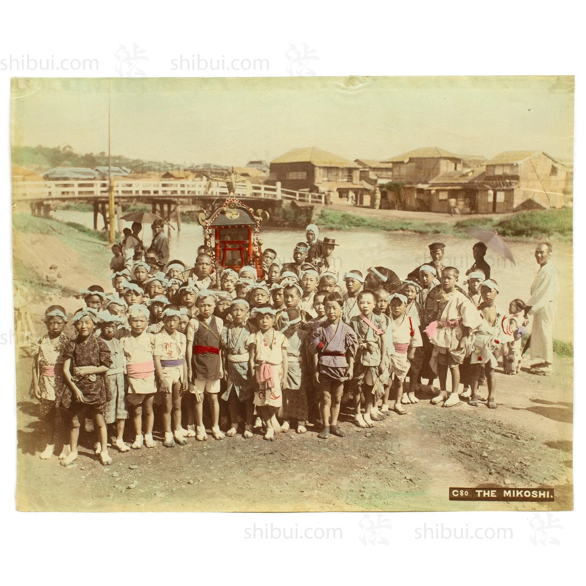 Mikoshi and Children |  Japanese Antique Hand Tinted Albumen Photo - Image 4