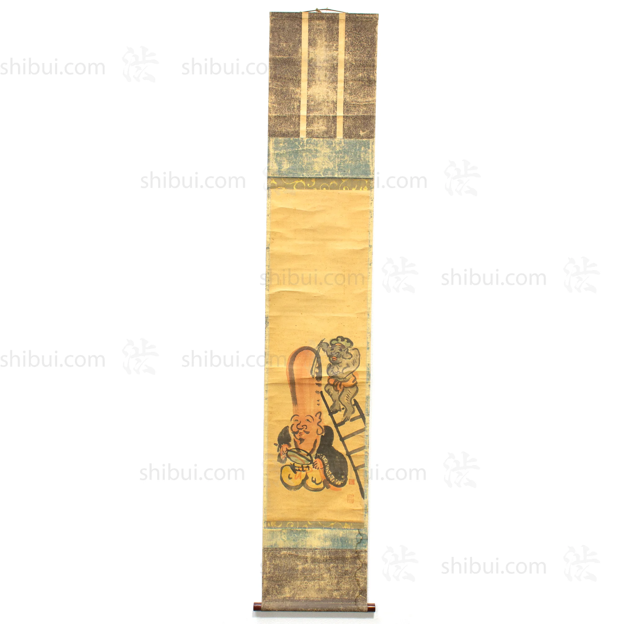 Otsu-e  Daikoku Shaving Fukurokuju  - Antique Japanese Scroll - Image 6