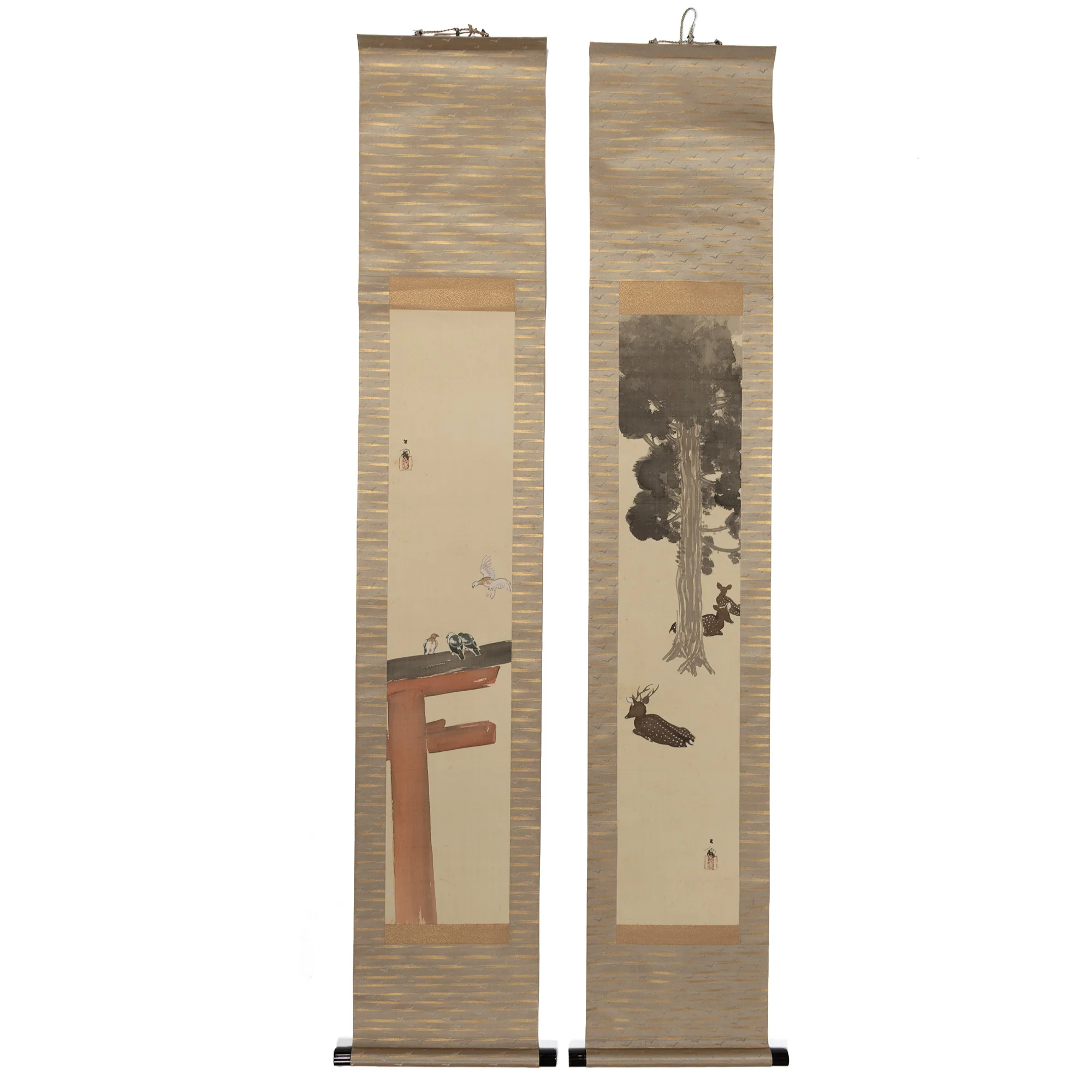 Pair of Scrolls Depicting Birds on a Torii Gate & Deer in the Shade of a Tree