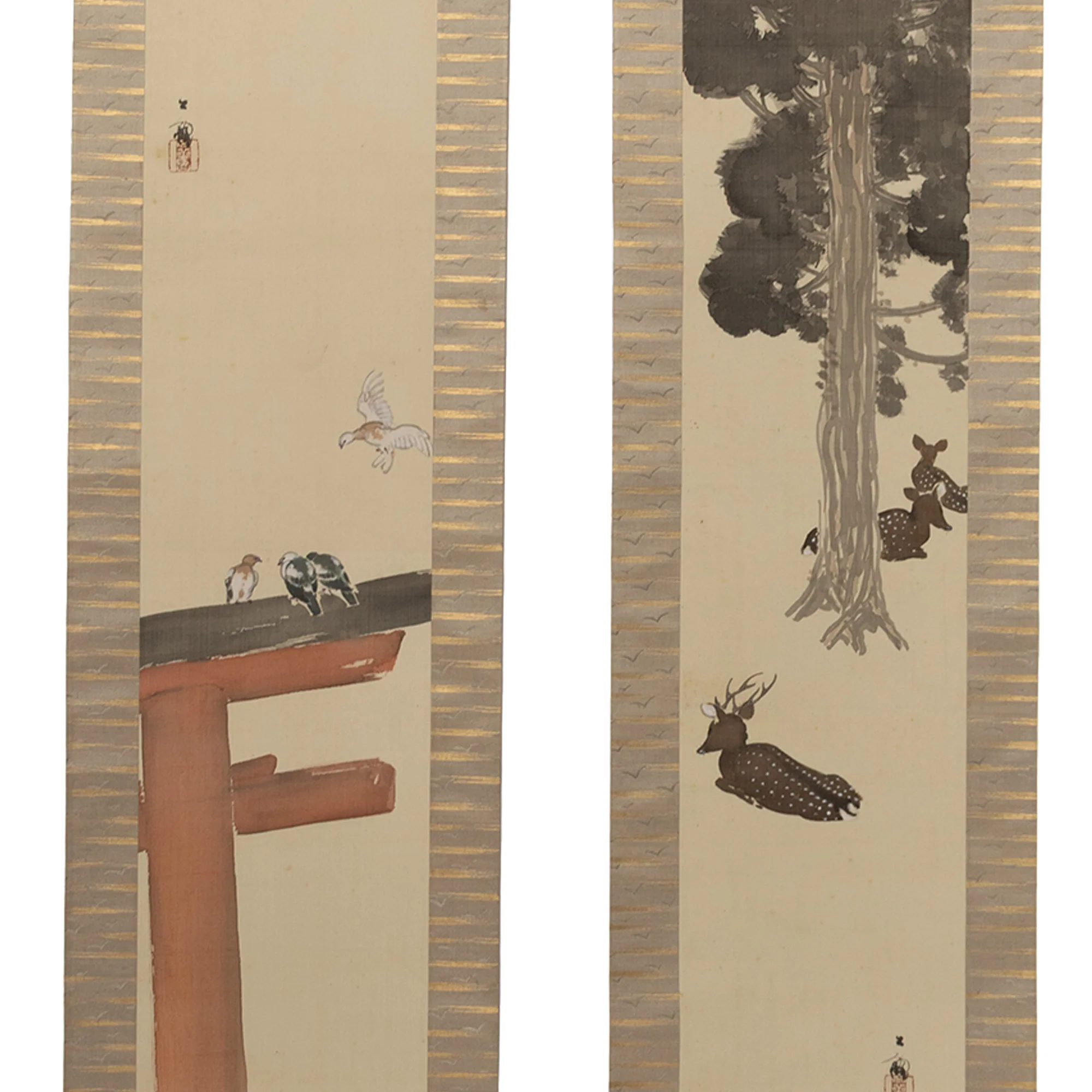 Pair of Scrolls Depicting Birds on a Torii Gate & Deer in the Shade of a Tree - Image 2