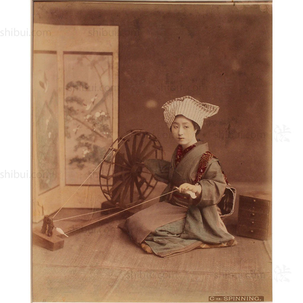 Framed Hand-tinted Meiji Era Photograph | Spinning - Framed | Japanese Antique Photography | Albumen Photography | Japanese Decor