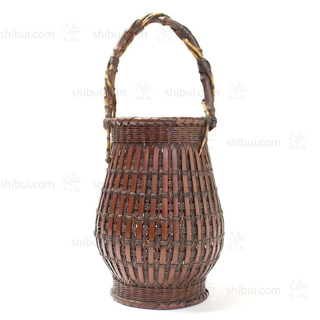 Slated Ikebana Basket with Bamboo Root Handle - Image 3