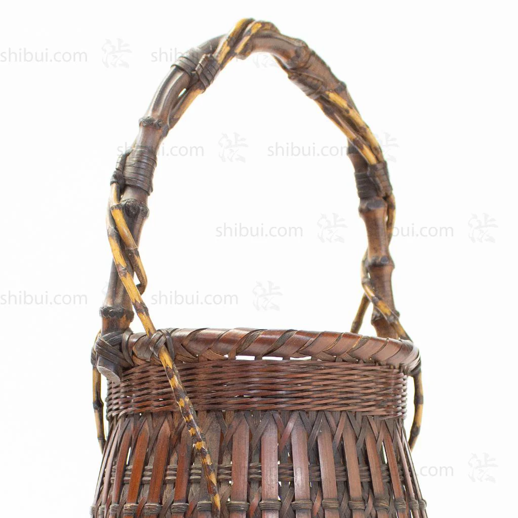 Slated Ikebana Basket with Bamboo Root Handle - Image 5
